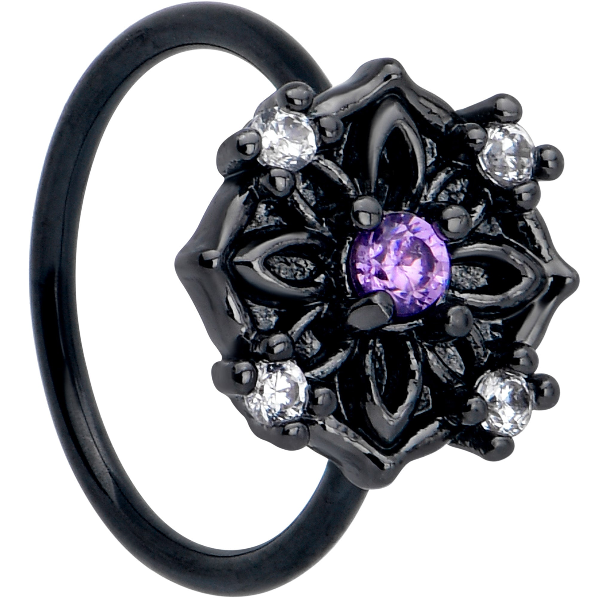 BodyCandy 20G 5/16 Purple CZ Gem Black Flower Ring Nose Hoop — main product shot