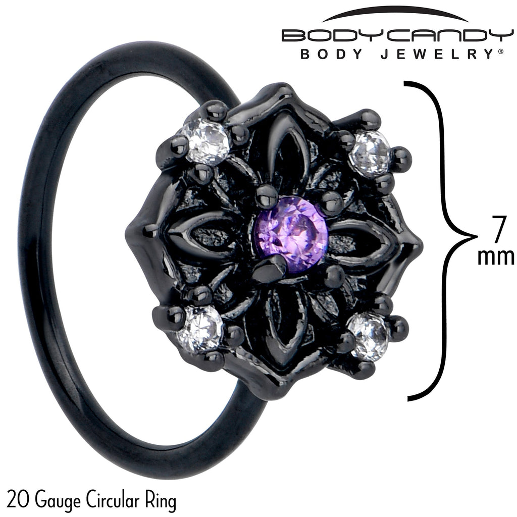 BodyCandy 20G 5/16 Purple CZ Gem Black Flower Ring Nose Hoop — detail close-up