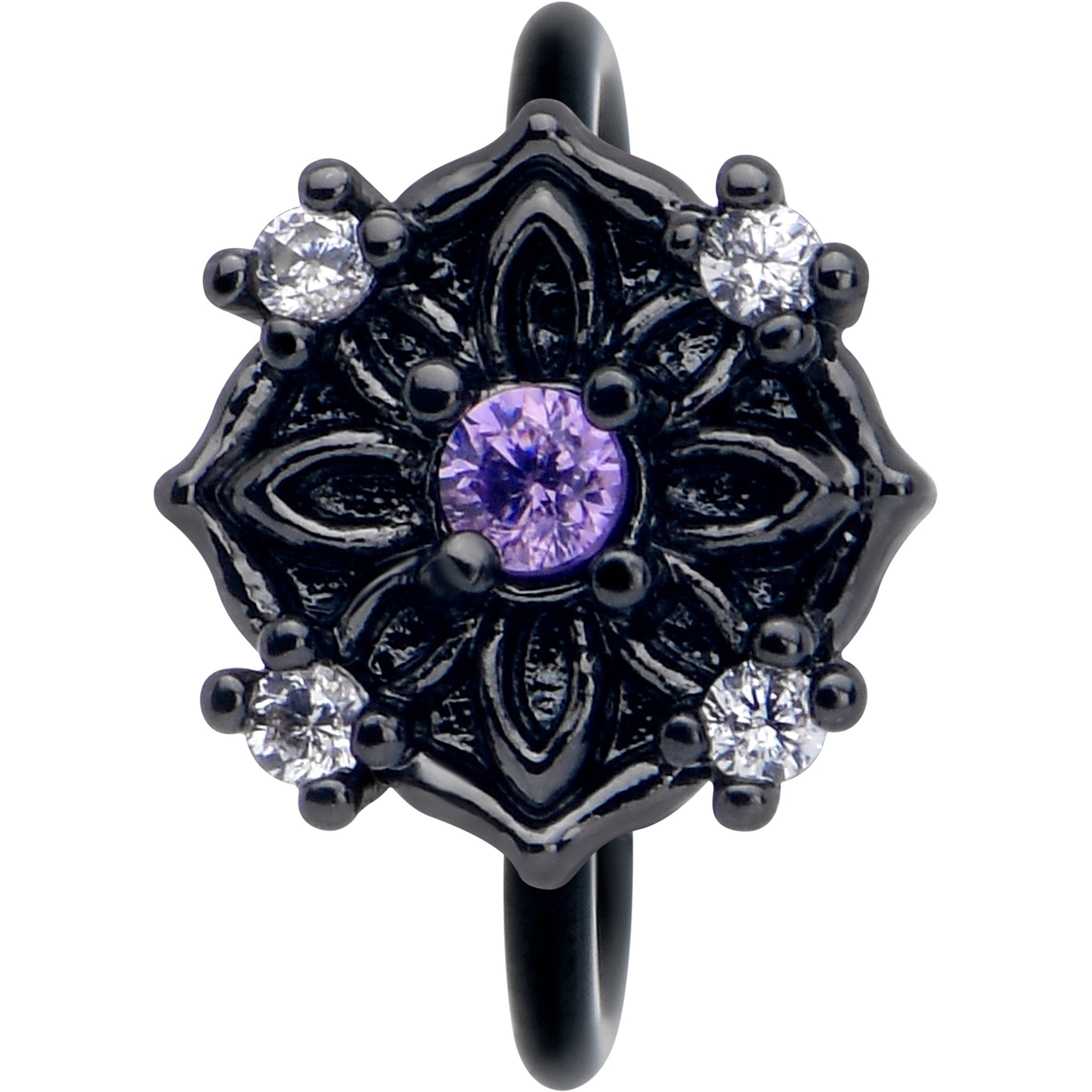 BodyCandy 20G 5/16 Purple CZ Gem Black Flower Ring Nose Hoop — lifestyle context