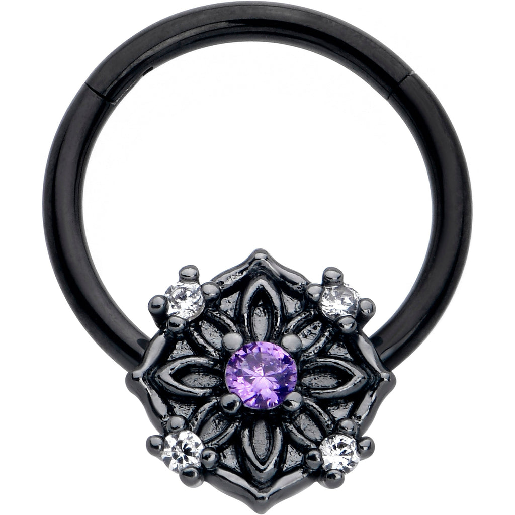 BodyCandy 16G 3/8 Purple CZ Gem Black Flower Ring Hinged Segment Ring — main product shot