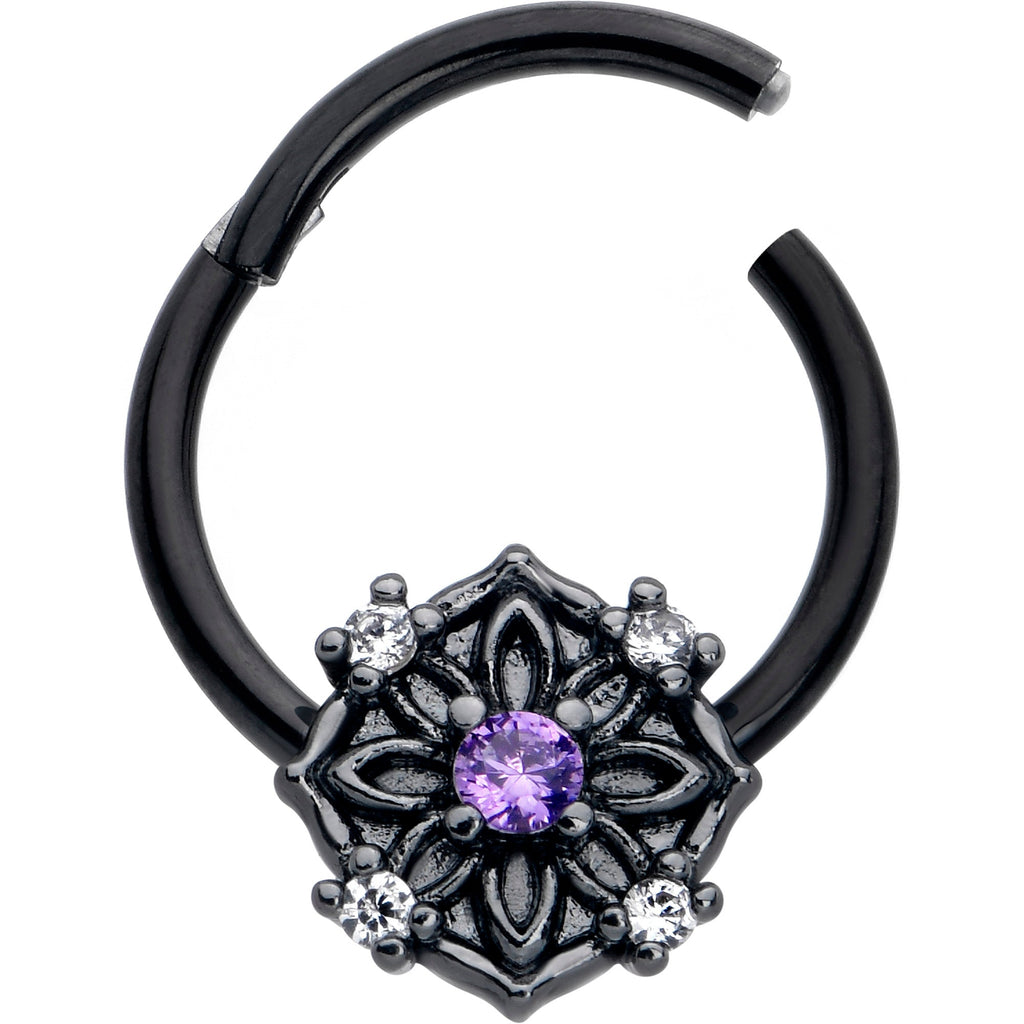 BodyCandy 16G 3/8 Purple CZ Gem Black Flower Ring Hinged Segment Ring — detail close-up