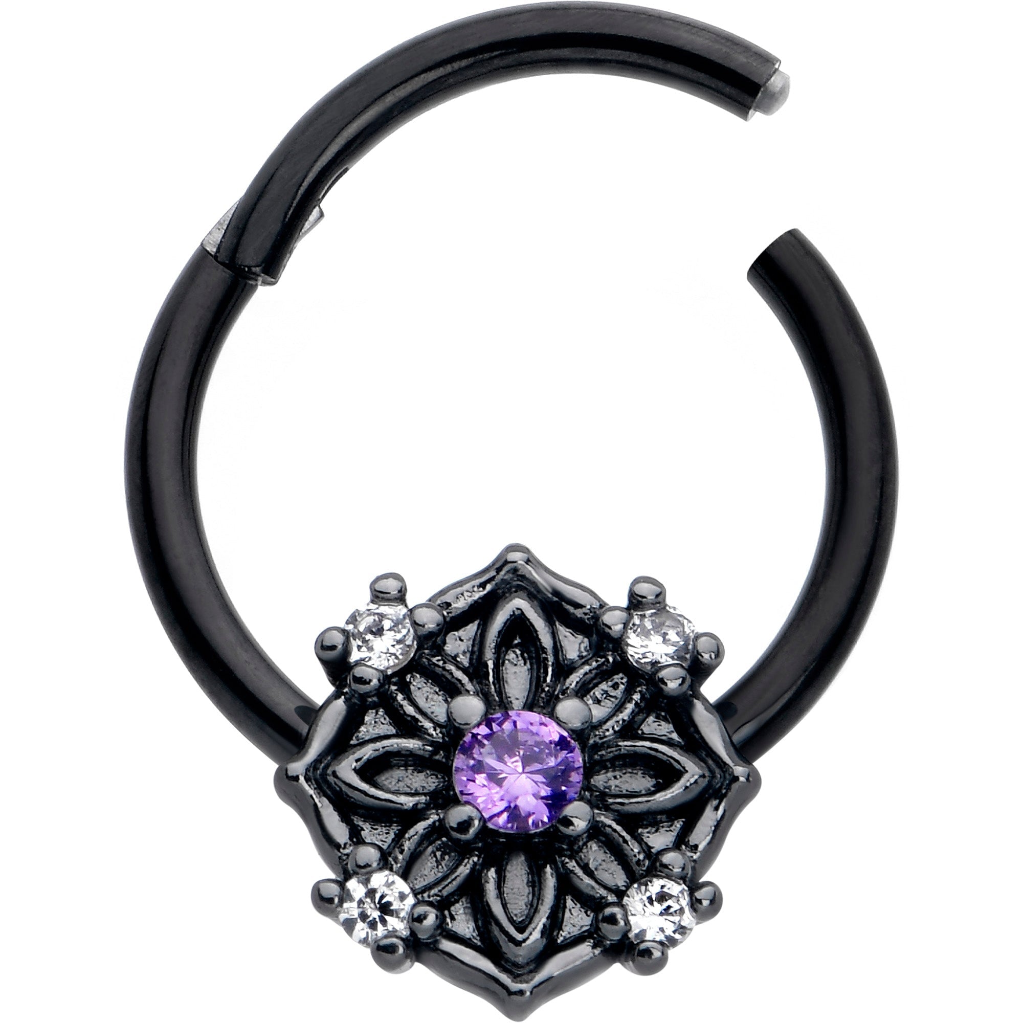BodyCandy 16G 3/8 Purple CZ Gem Black Flower Ring Hinged Segment Ring — detail close-up