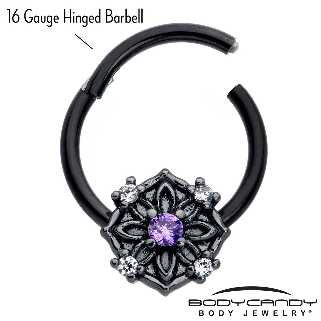 BodyCandy 16G 3/8 Purple CZ Gem Black Flower Ring Hinged Segment Ring — lifestyle context