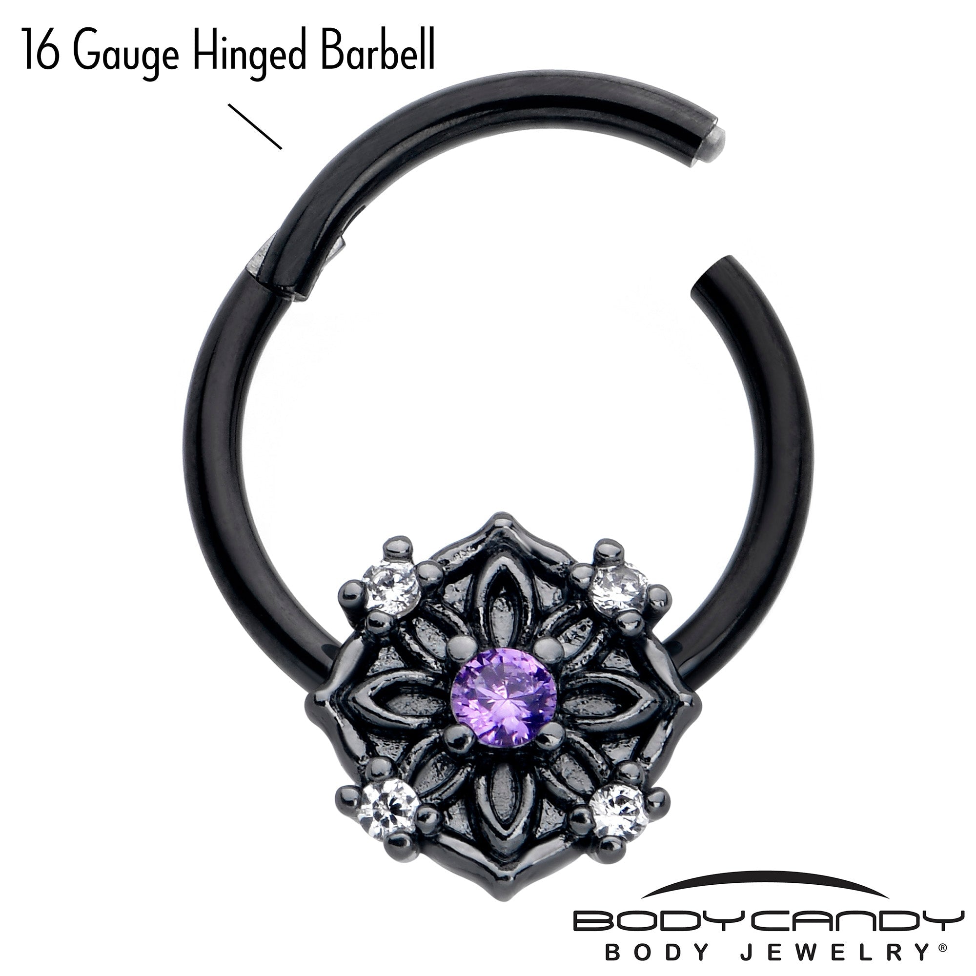 BodyCandy 16G 3/8 Purple CZ Gem Black Flower Ring Hinged Segment Ring — lifestyle context