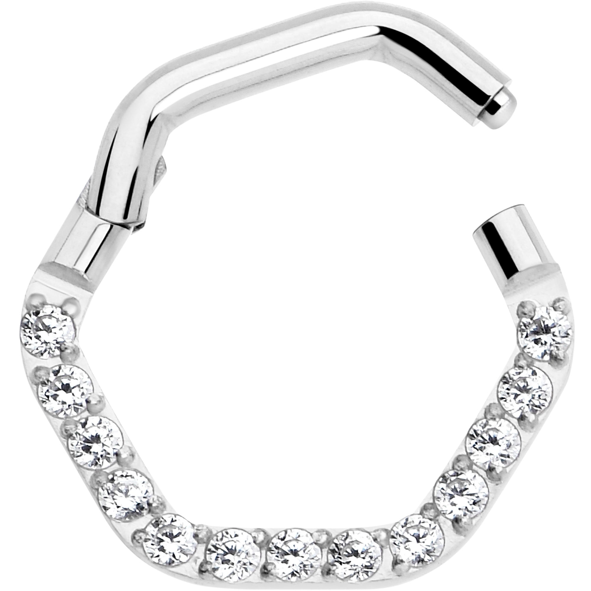 BodyCandy 16G 5/16 Clear CZ Gem Hexagon Shape Hinged Segment Ring — detail close-up