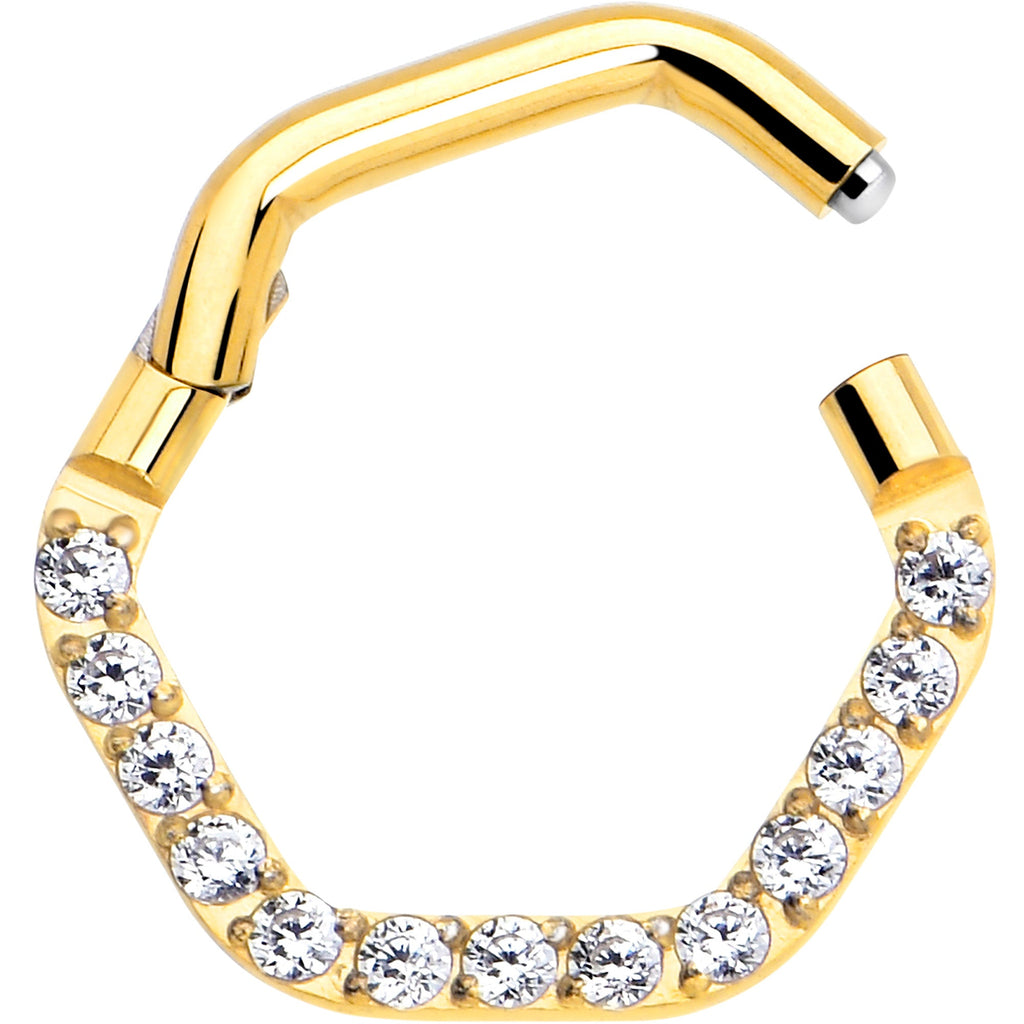 BodyCandy 16G 5/16 Clear CZ Gem Gold Tone Hexagon Shape Hinged Segment Ring — detail close-up