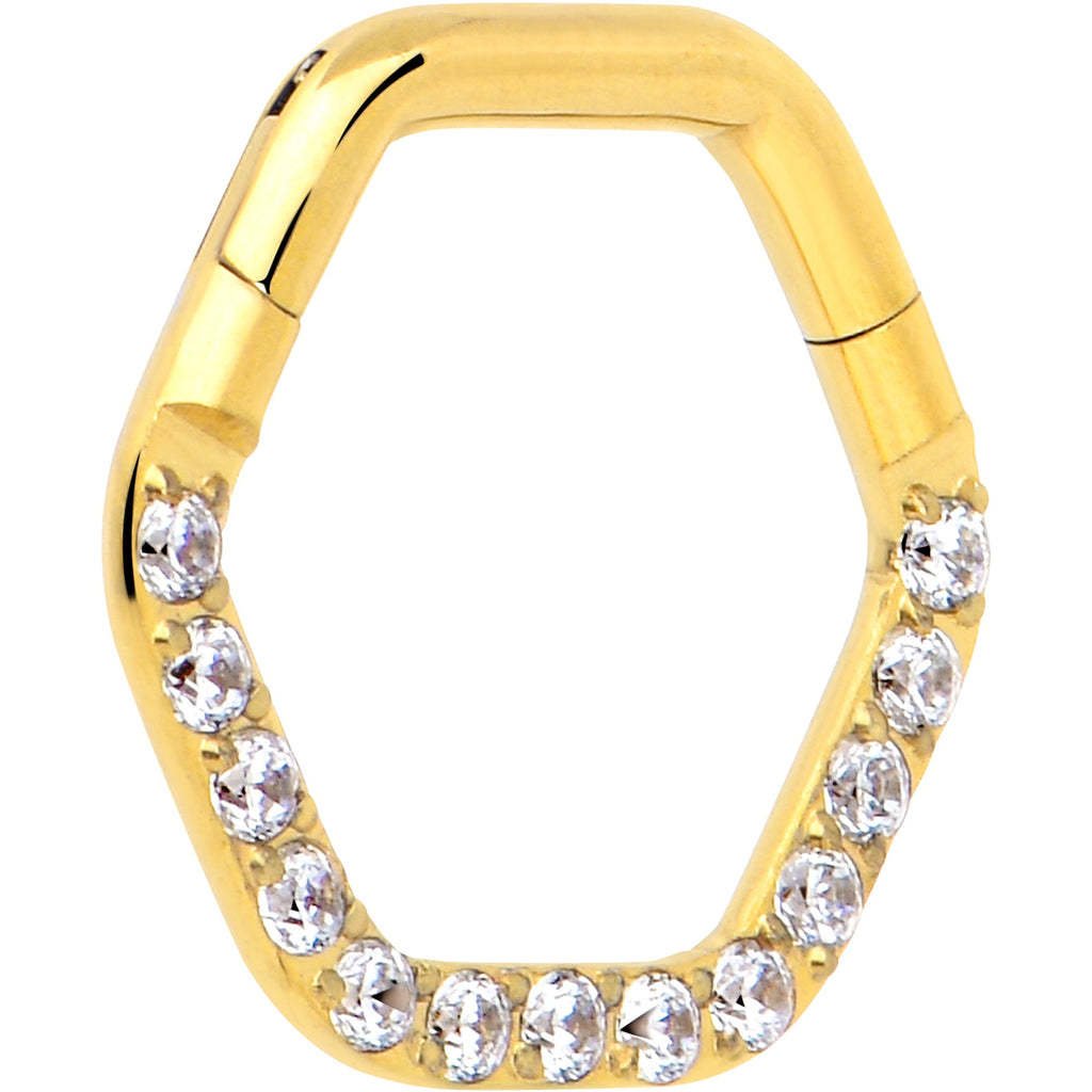 BodyCandy 16G 5/16 Clear CZ Gem Gold Tone Hexagon Shape Hinged Segment Ring — lifestyle context
