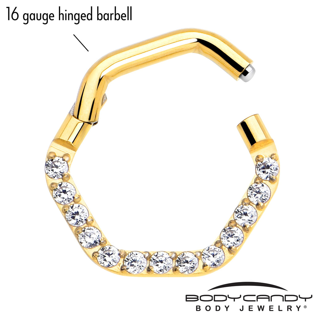 BodyCandy 16G 5/16 Clear CZ Gem Gold Tone Hexagon Shape Hinged Segment Ring — side view