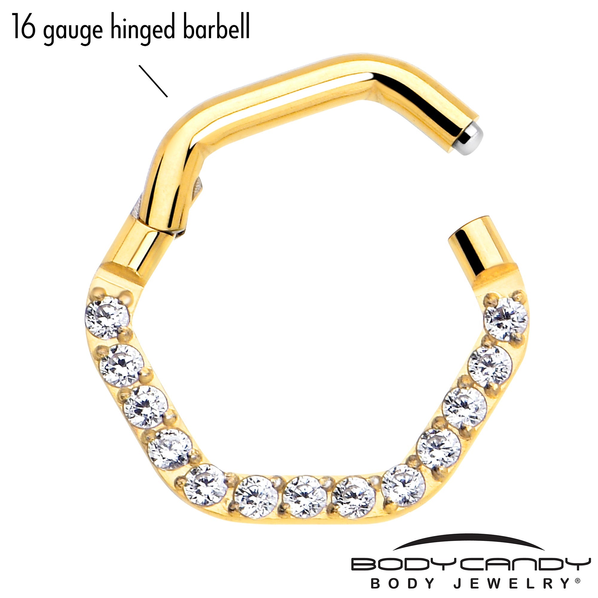 BodyCandy 16G 5/16 Clear CZ Gem Gold Tone Hexagon Shape Hinged Segment Ring — side view