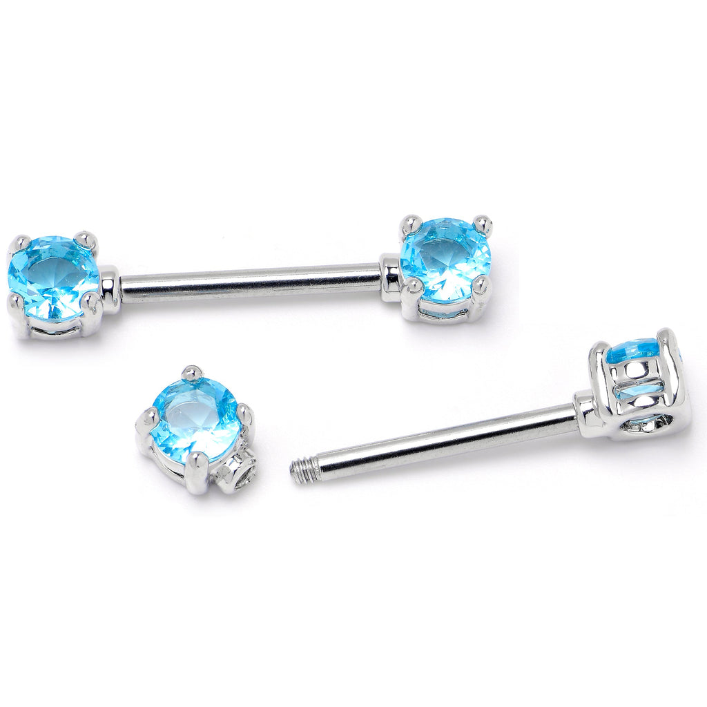 BodyCandy 14G 9/16 Blue CZ Gem Love Forward Facing Barbell Nipple Ring Set — detail close-up