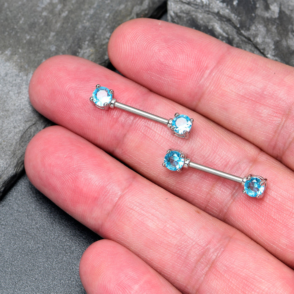 BodyCandy 14G 9/16 Blue CZ Gem Love Forward Facing Barbell Nipple Ring Set — lifestyle context
