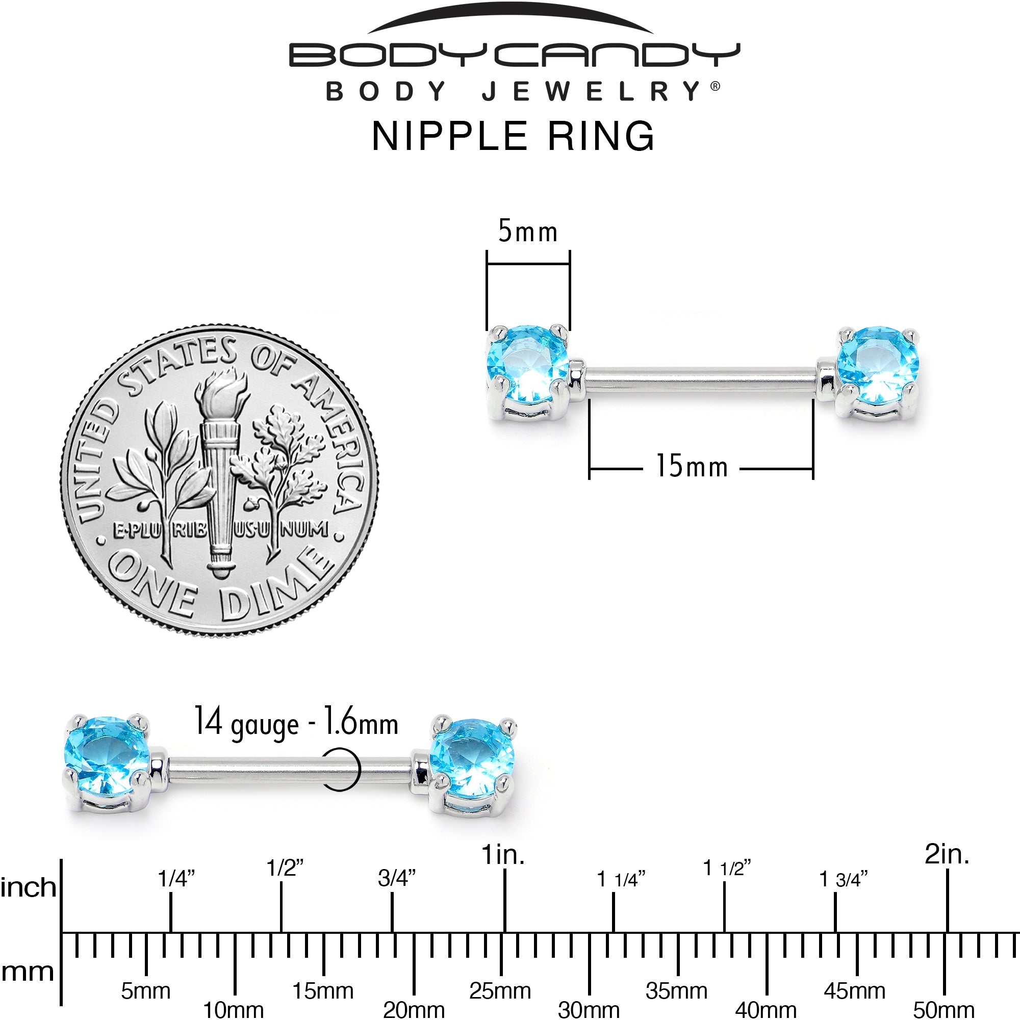 BodyCandy 14G 9/16 Blue CZ Gem Love Forward Facing Barbell Nipple Ring Set — side view