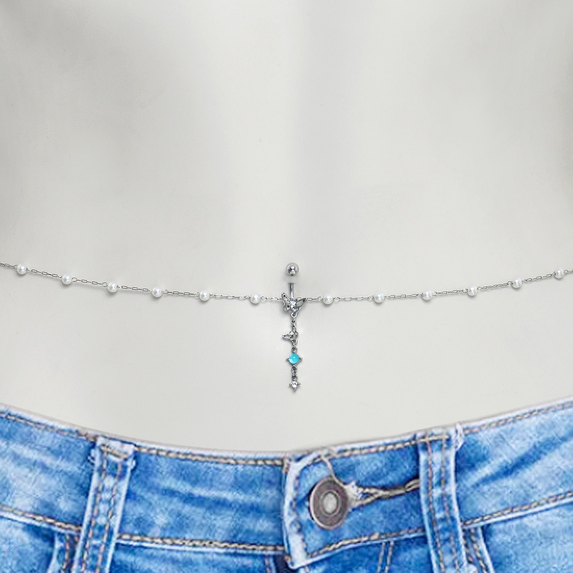 BodyCandy Clear CZ Gem Double Butterfly Faux Pearl Dangle Belly Chain Belly Ring — detail close-up