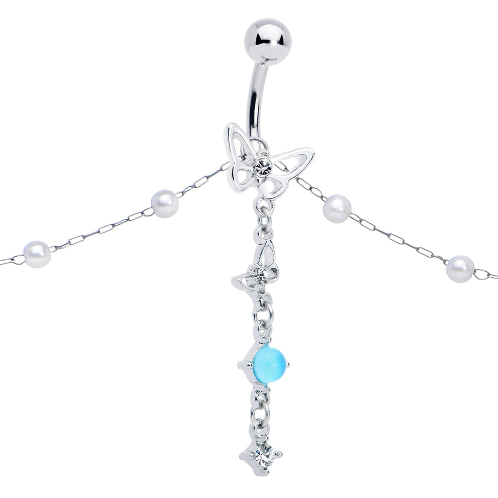 BodyCandy Clear CZ Gem Double Butterfly Faux Pearl Dangle Belly Chain Belly Ring — lifestyle context