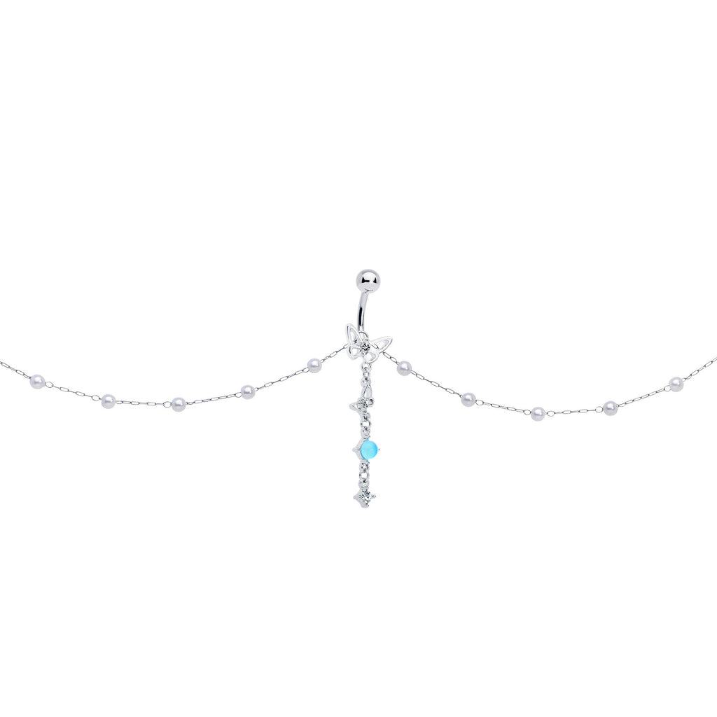 BodyCandy Clear CZ Gem Double Butterfly Faux Pearl Dangle Belly Chain Belly Ring — side view