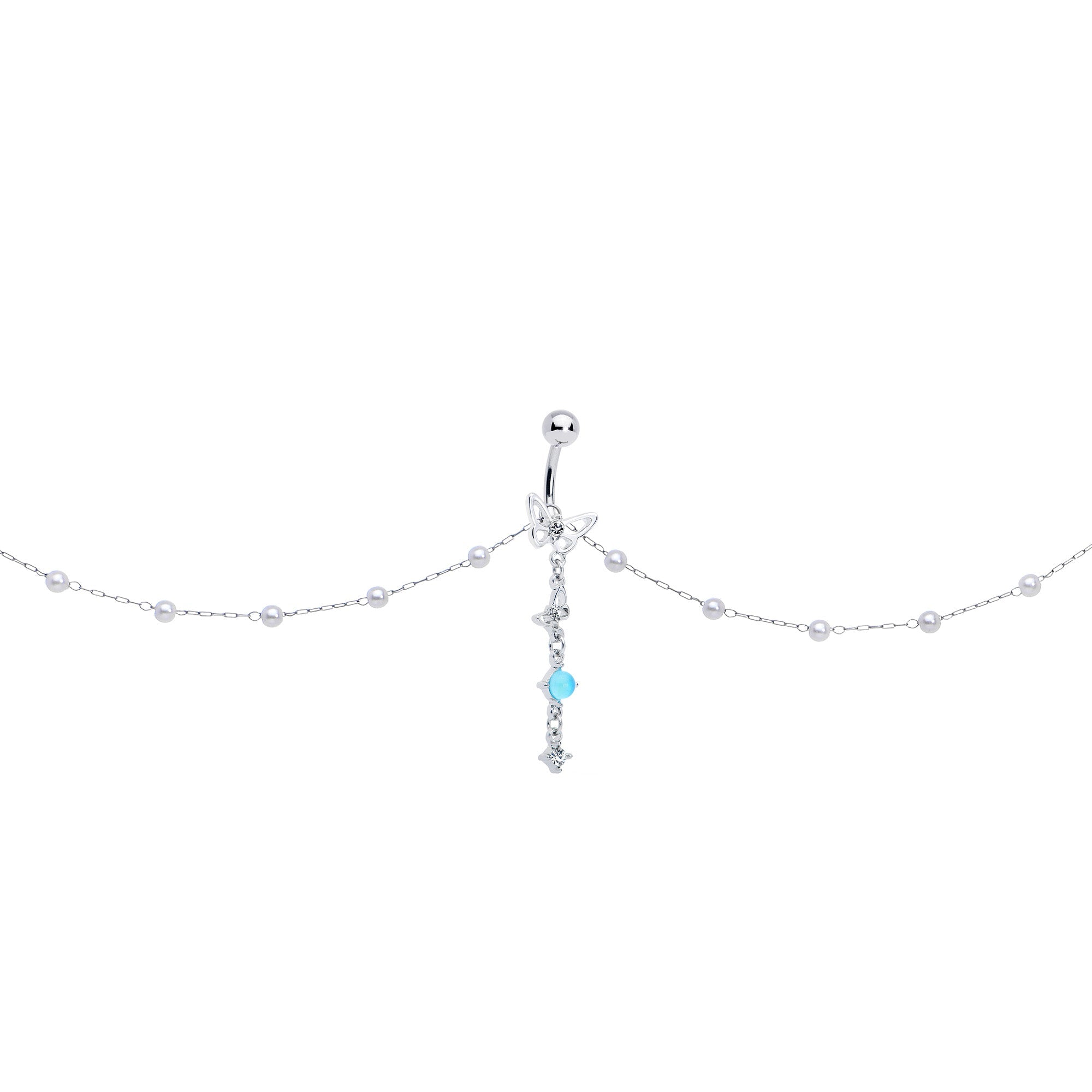BodyCandy Clear CZ Gem Double Butterfly Faux Pearl Dangle Belly Chain Belly Ring — side view