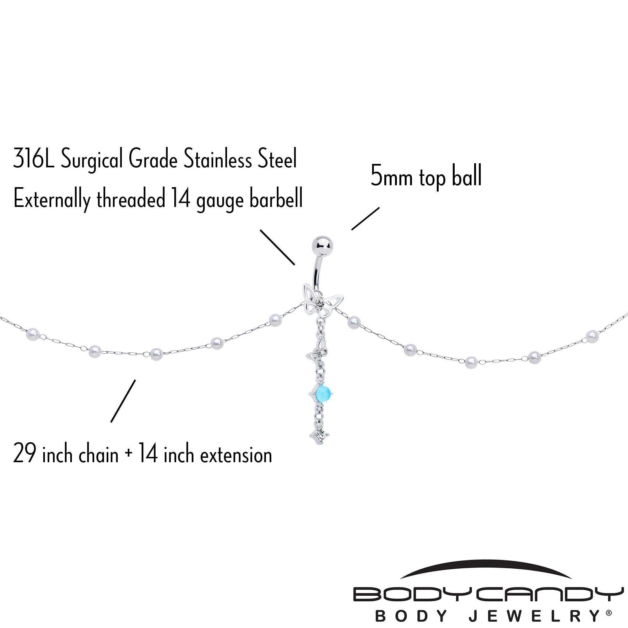 BodyCandy Clear CZ Gem Double Butterfly Faux Pearl Dangle Belly Chain Belly Ring — back view