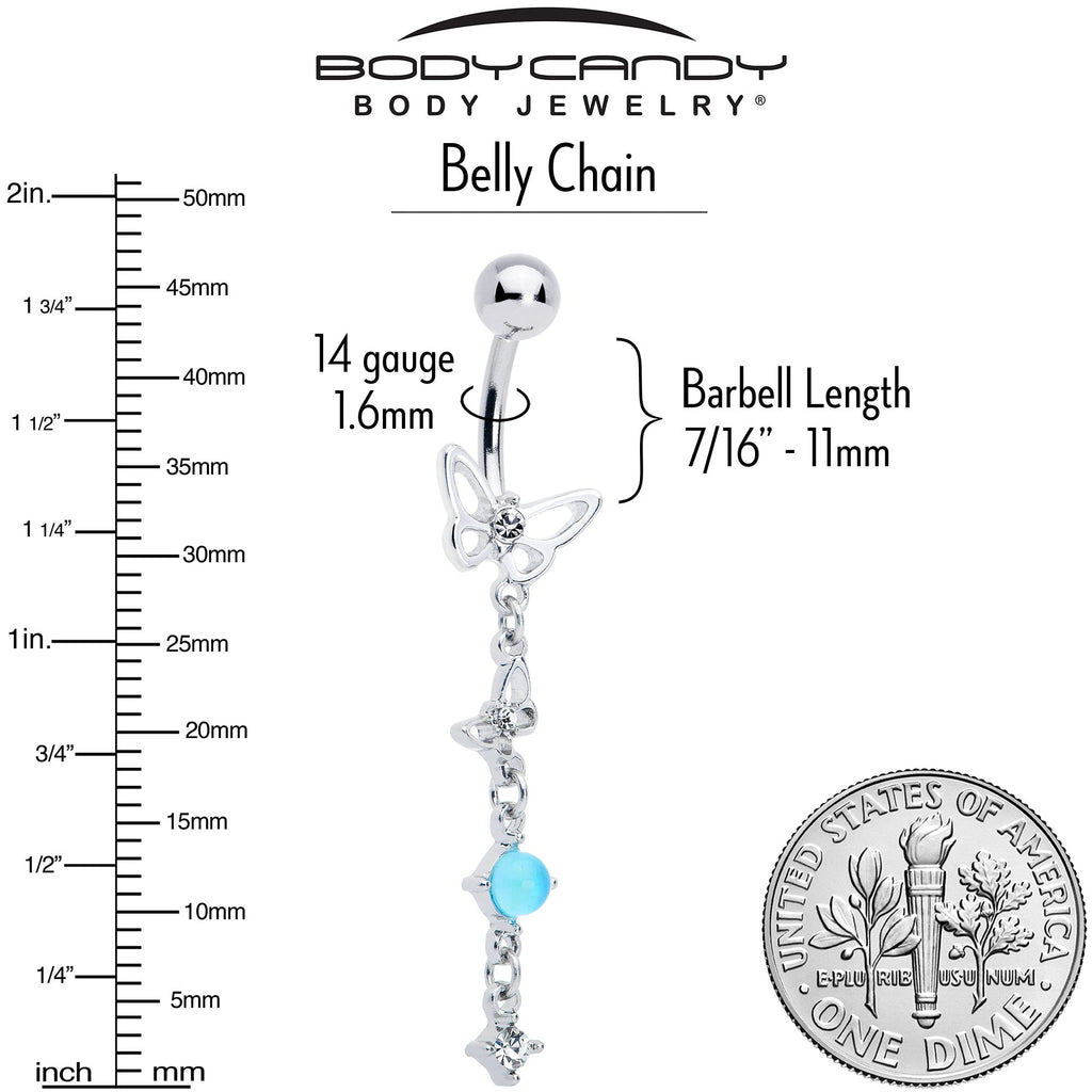BodyCandy Clear CZ Gem Double Butterfly Faux Pearl Dangle Belly Chain Belly Ring — alternative angle