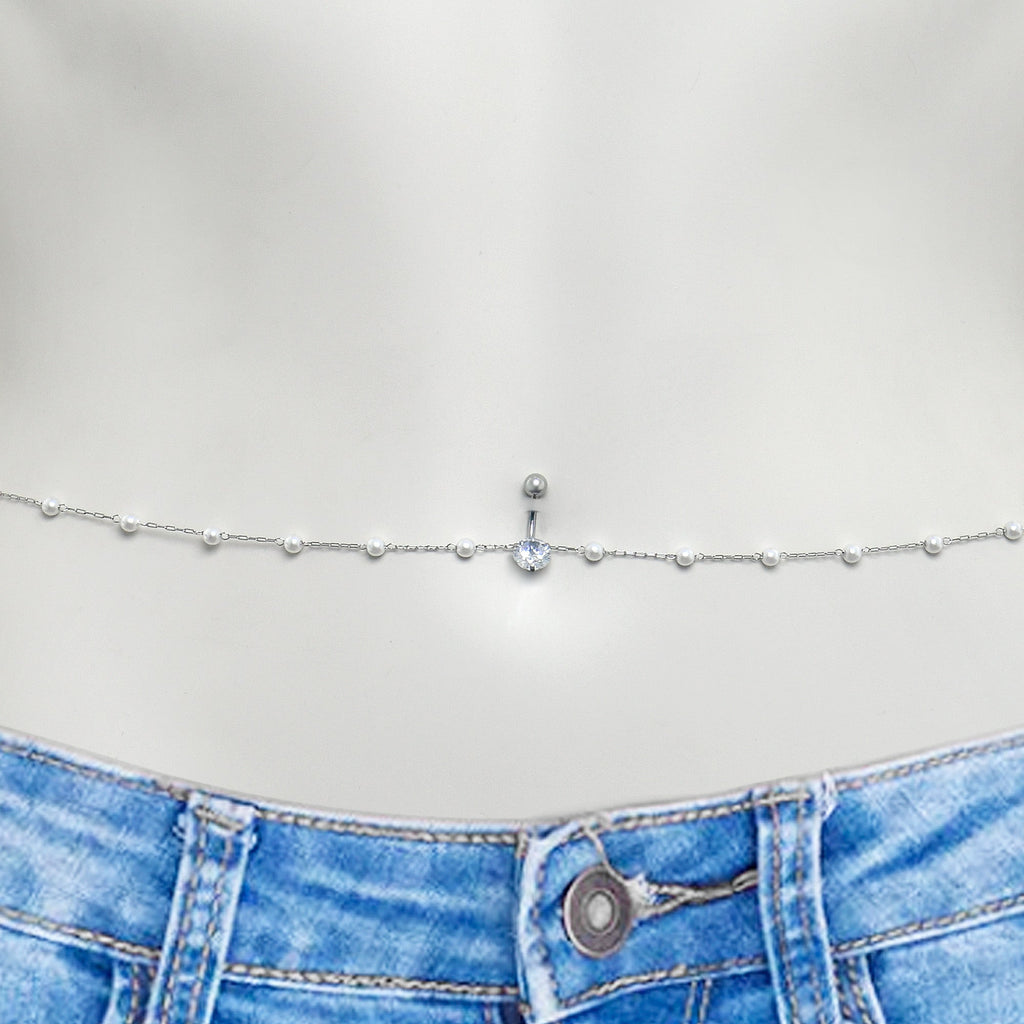 BodyCandy Clear CZ Gem Simple Elegance Faux Pearl Belly Ring Belly Chain — detail close-up