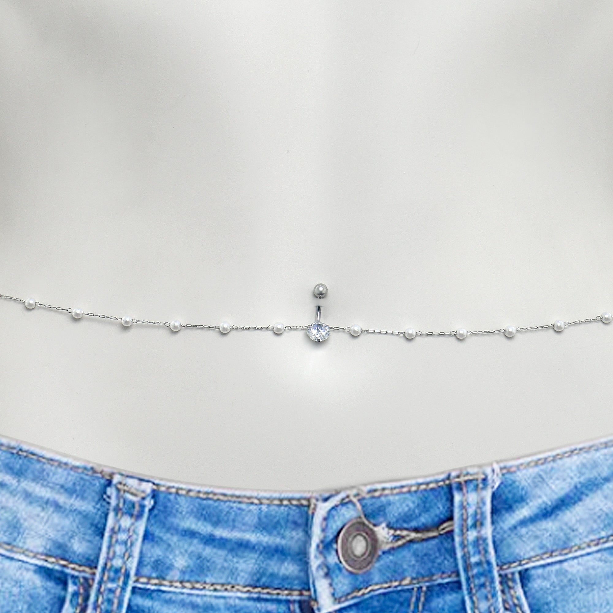 BodyCandy Clear CZ Gem Simple Elegance Faux Pearl Belly Ring Belly Chain — detail close-up