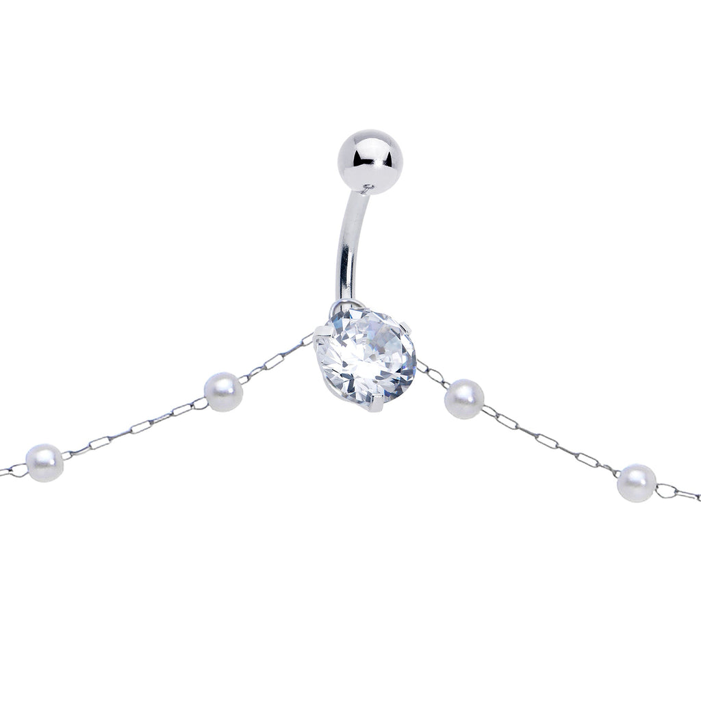 BodyCandy Clear CZ Gem Simple Elegance Faux Pearl Belly Ring Belly Chain — lifestyle context