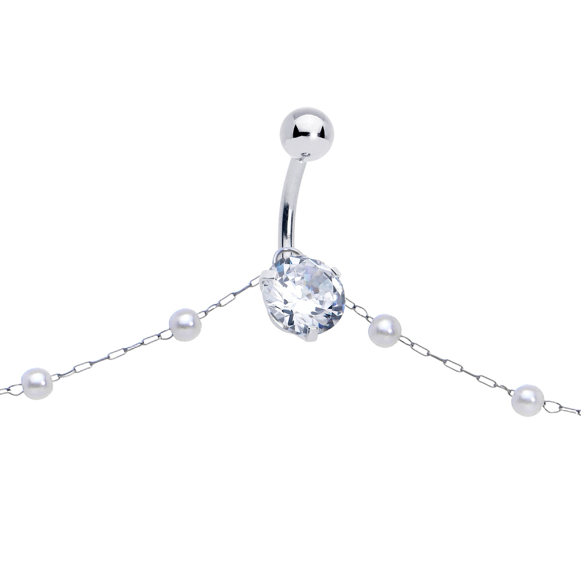 BodyCandy Clear CZ Gem Simple Elegance Faux Pearl Belly Ring Belly Chain — lifestyle context