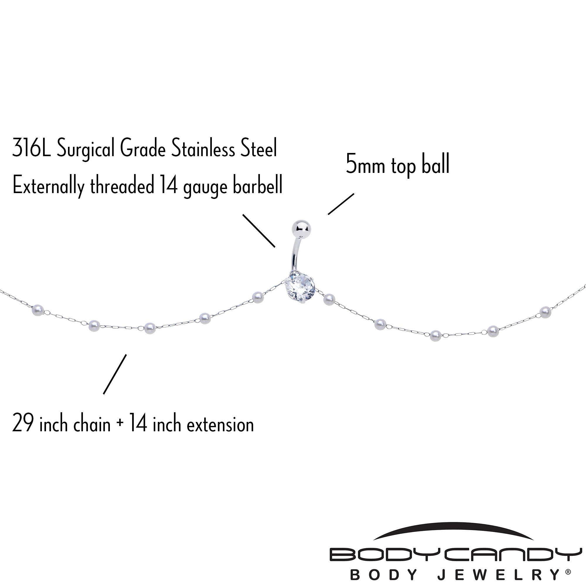 BodyCandy Clear CZ Gem Simple Elegance Faux Pearl Belly Ring Belly Chain — side view