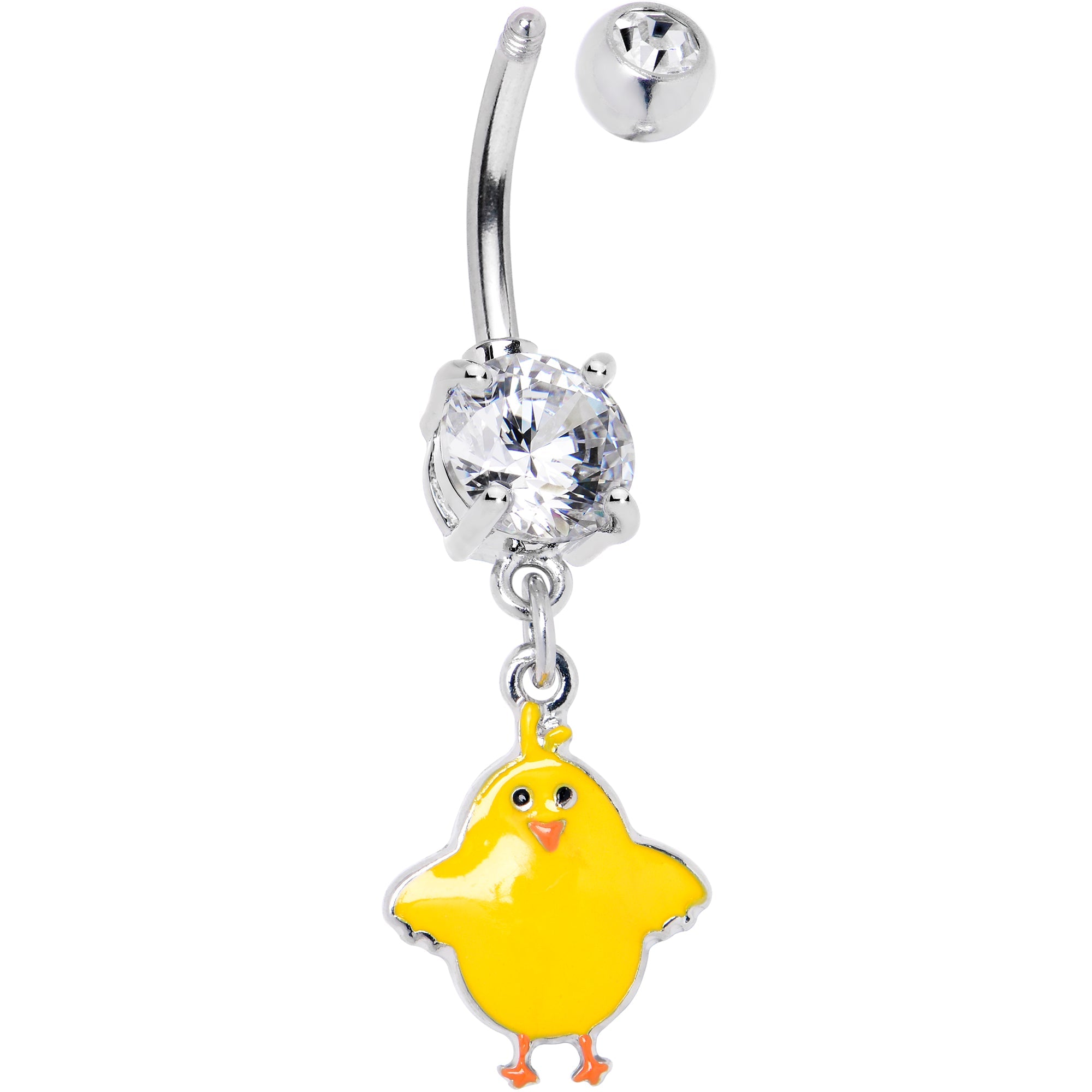 BodyCandy Clear Gem Sweet Yellow Baby Chick Dangle Belly Ring — detail close-up