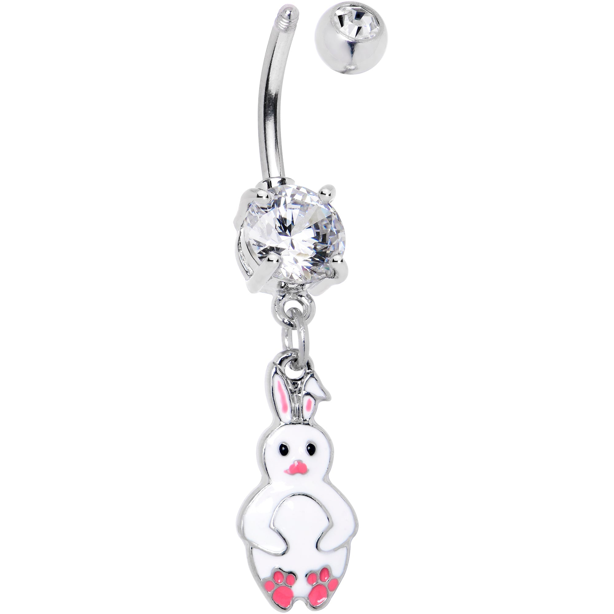 BodyCandy Clear Gem Bunny White Rabbit Dangle Belly Ring — detail close-up