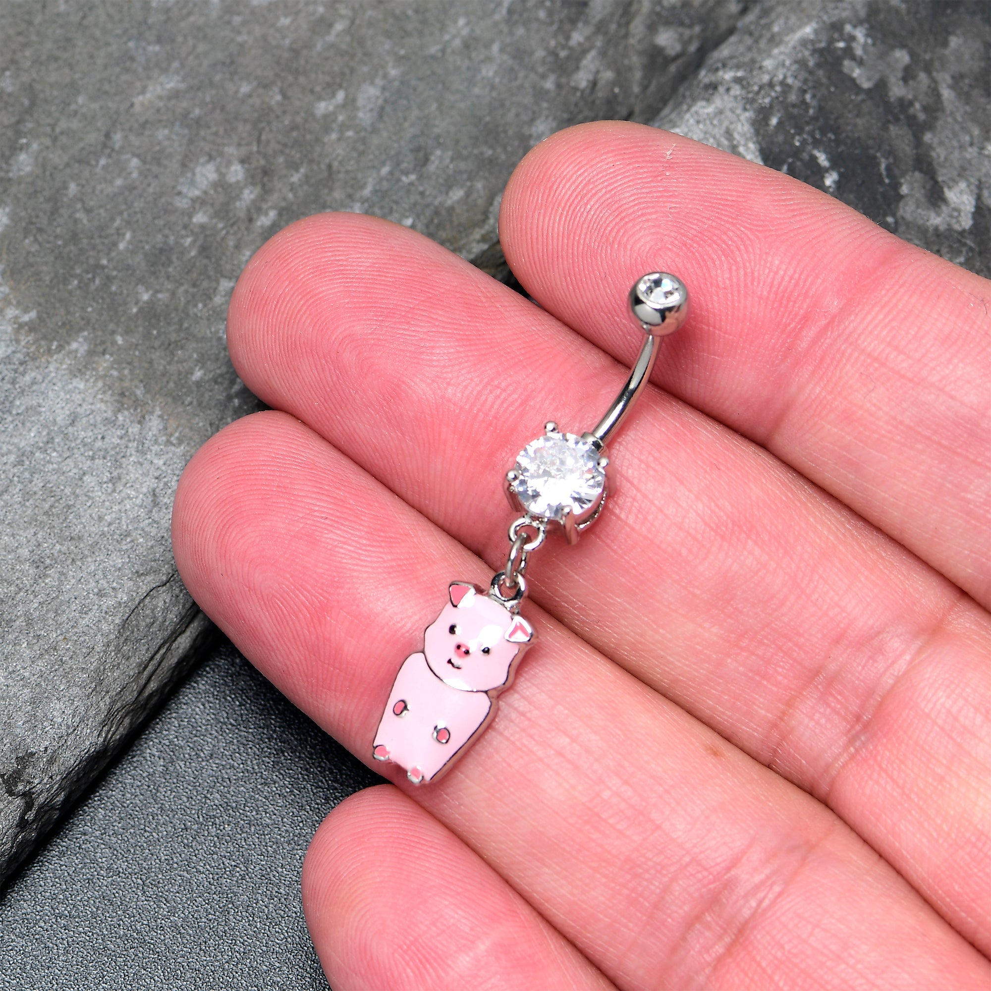 BodyCandy Clear Gem Pretty Pink Piggy Dangle Belly Ring — side view
