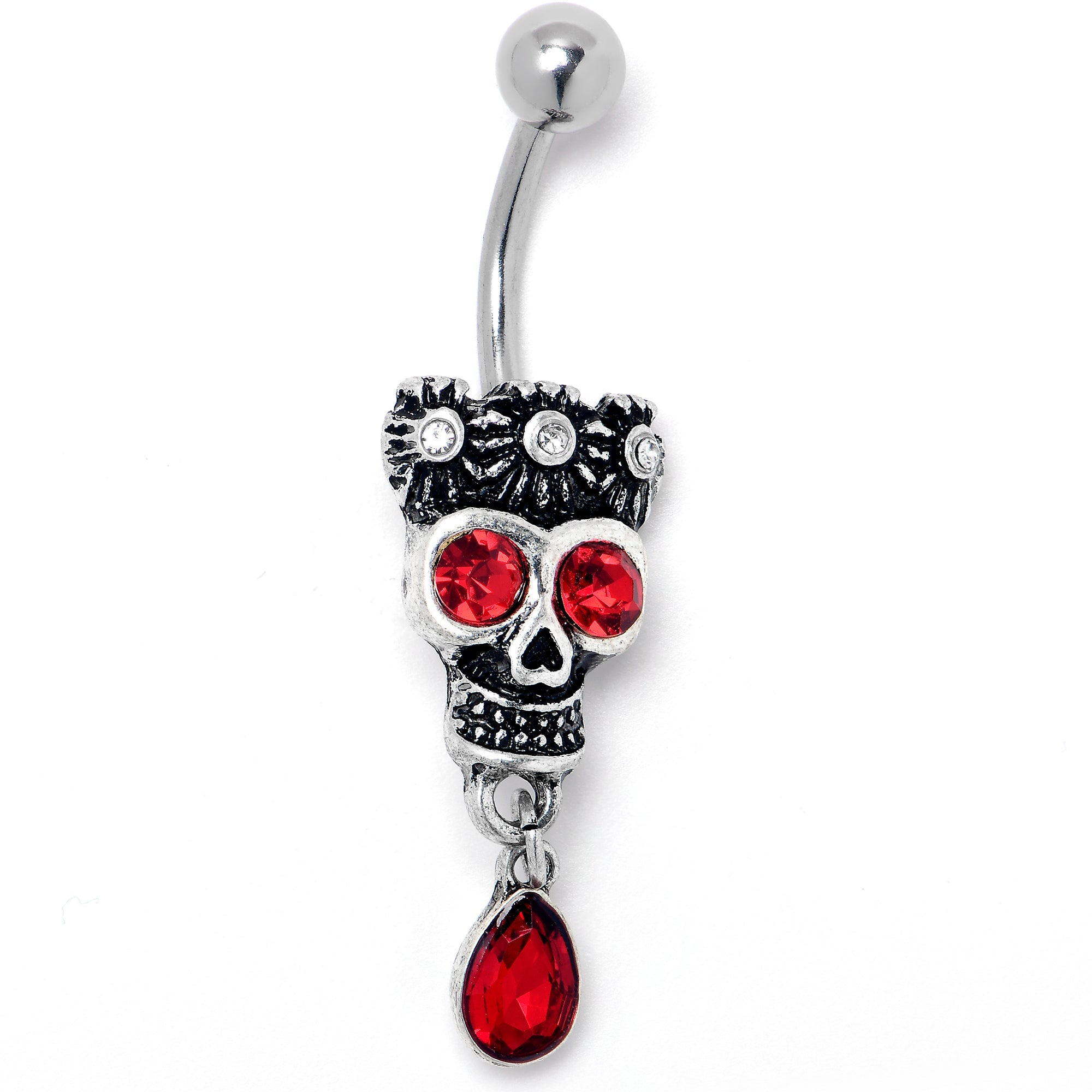 BodyCandy Red Clear CZ Gem Crowned Skull Dangle Belly Ring — main product shot