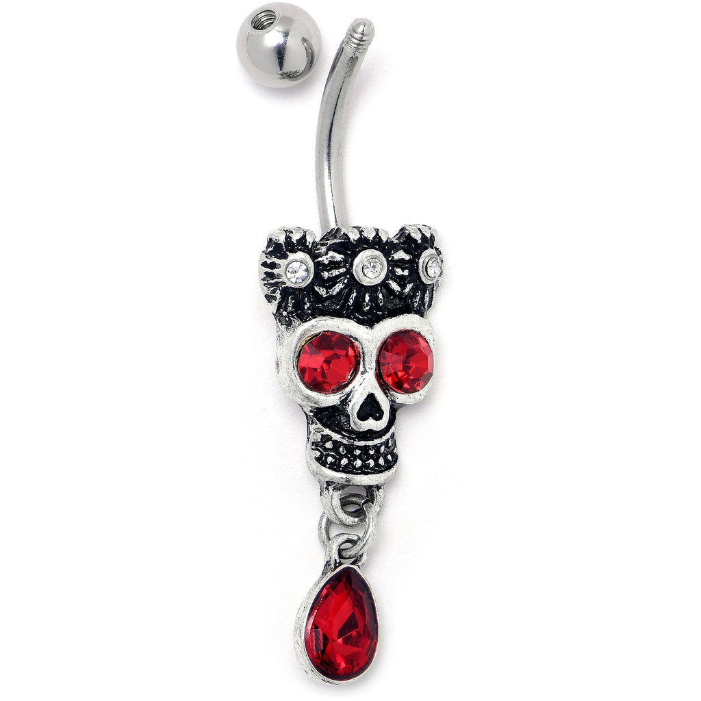 BodyCandy Red Clear CZ Gem Crowned Skull Dangle Belly Ring — detail close-up