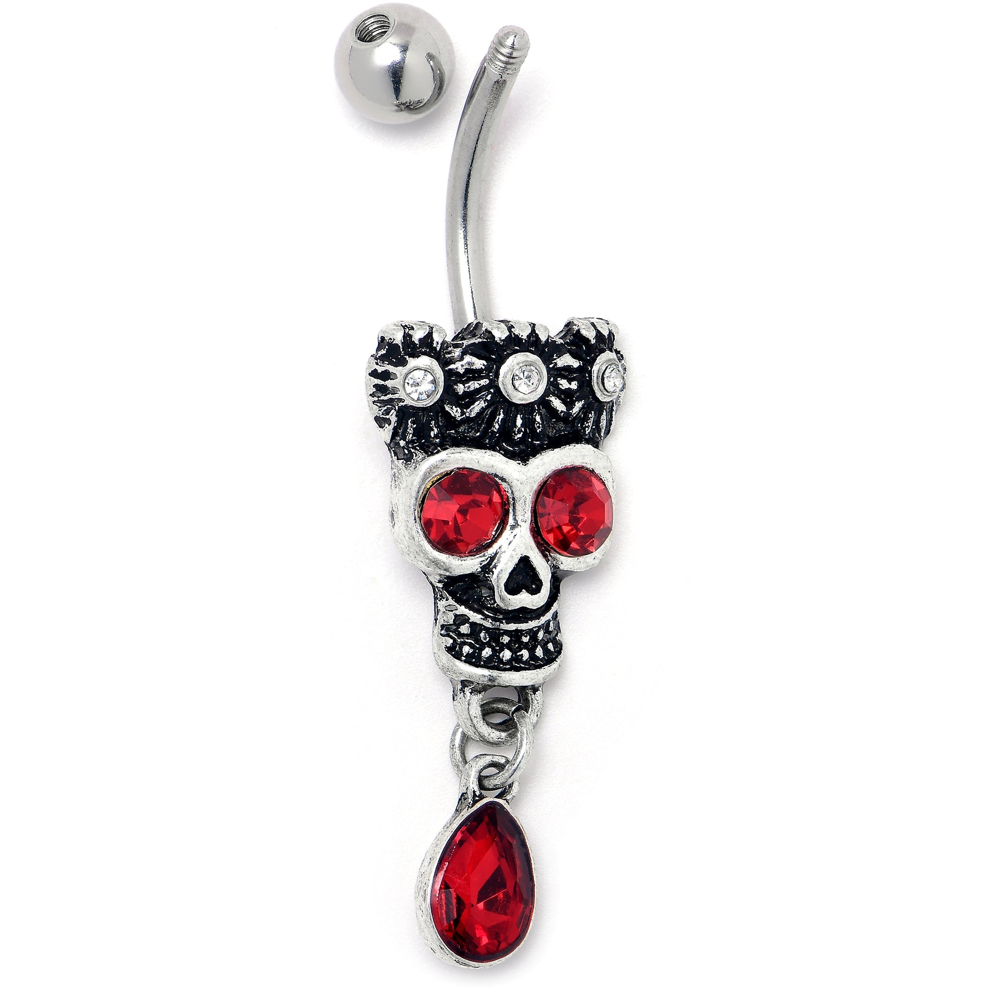 BodyCandy Red Clear CZ Gem Crowned Skull Dangle Belly Ring — detail close-up
