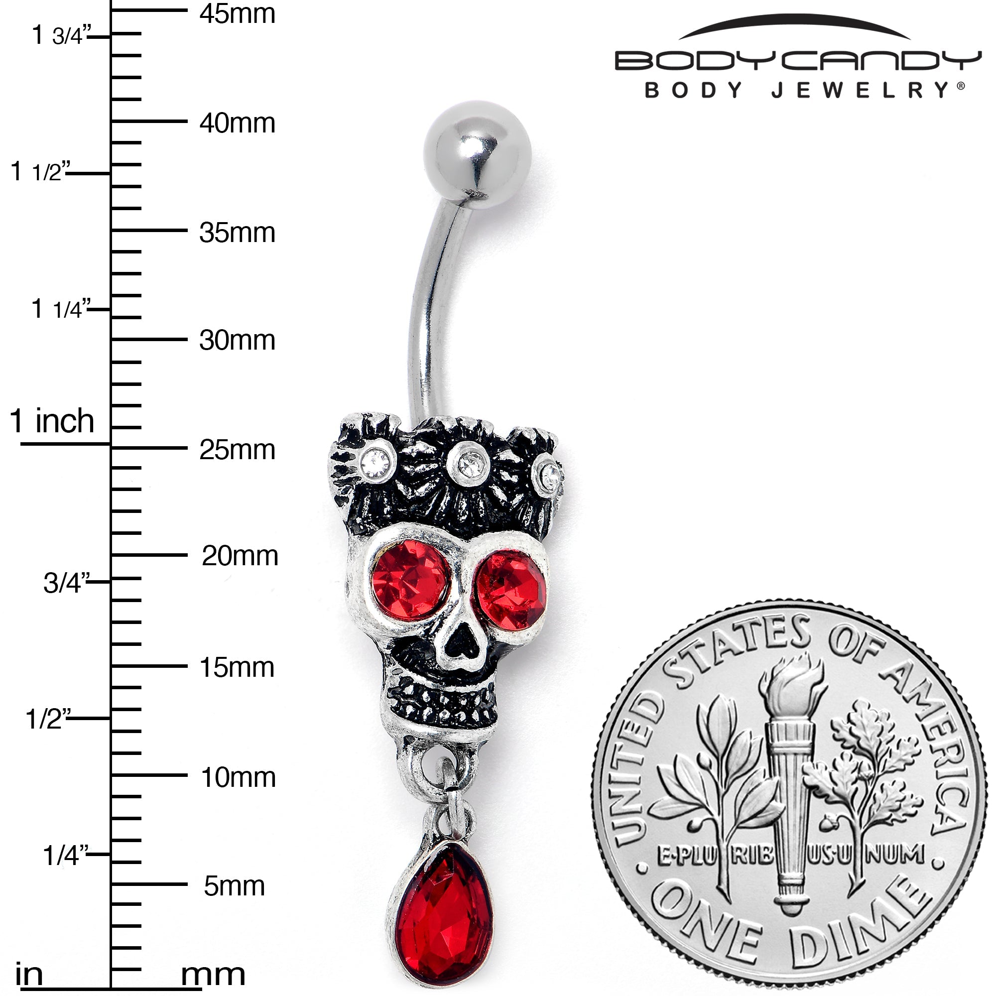 BodyCandy Red Clear CZ Gem Crowned Skull Dangle Belly Ring — lifestyle context