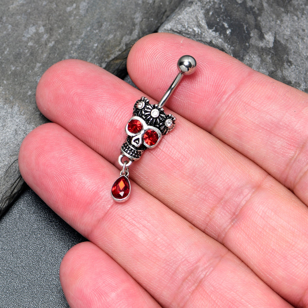 BodyCandy Red Clear CZ Gem Crowned Skull Dangle Belly Ring — side view