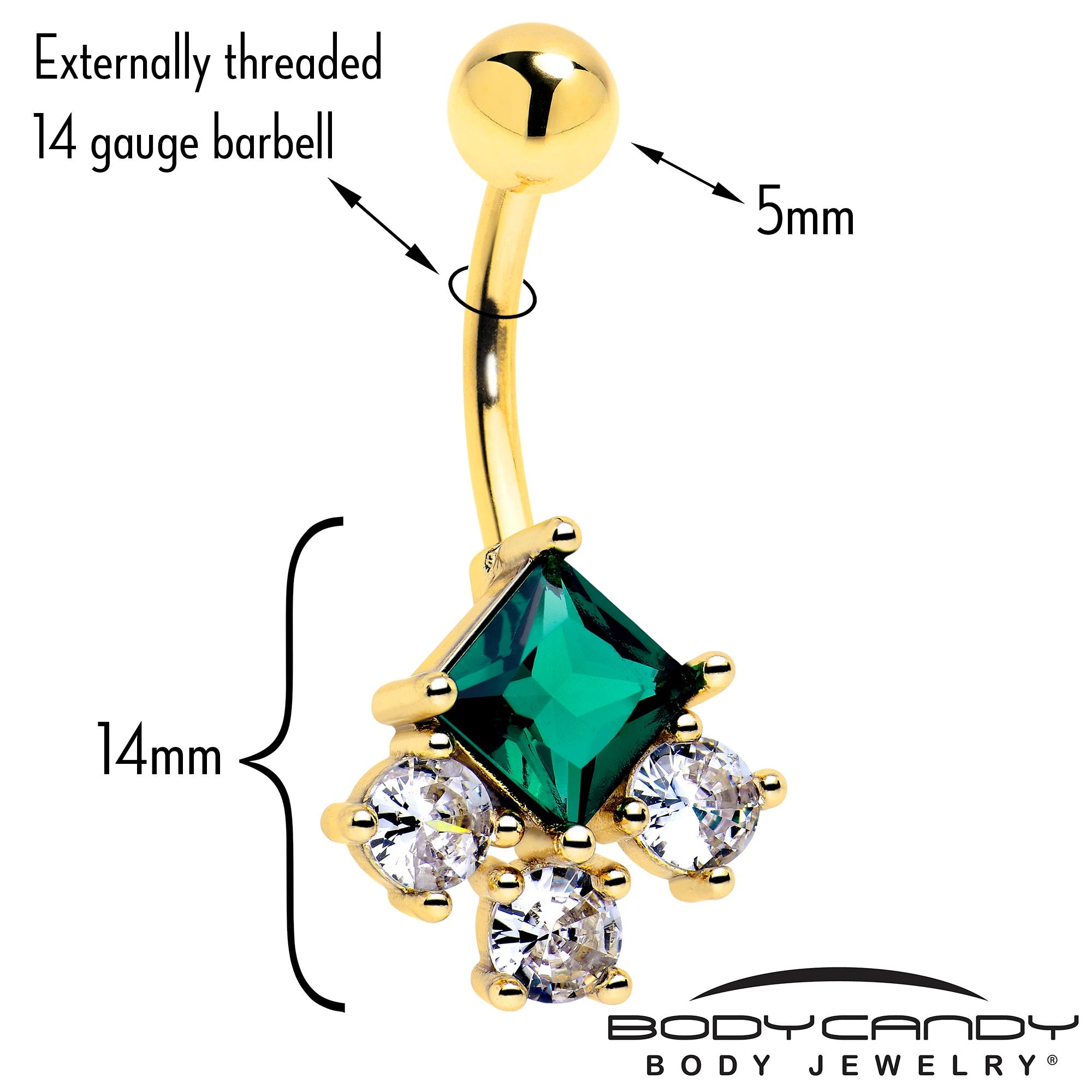 BodyCandy Green Clear CZ Gem Gold Tone Rhombus Riot Belly Ring — detail close-up