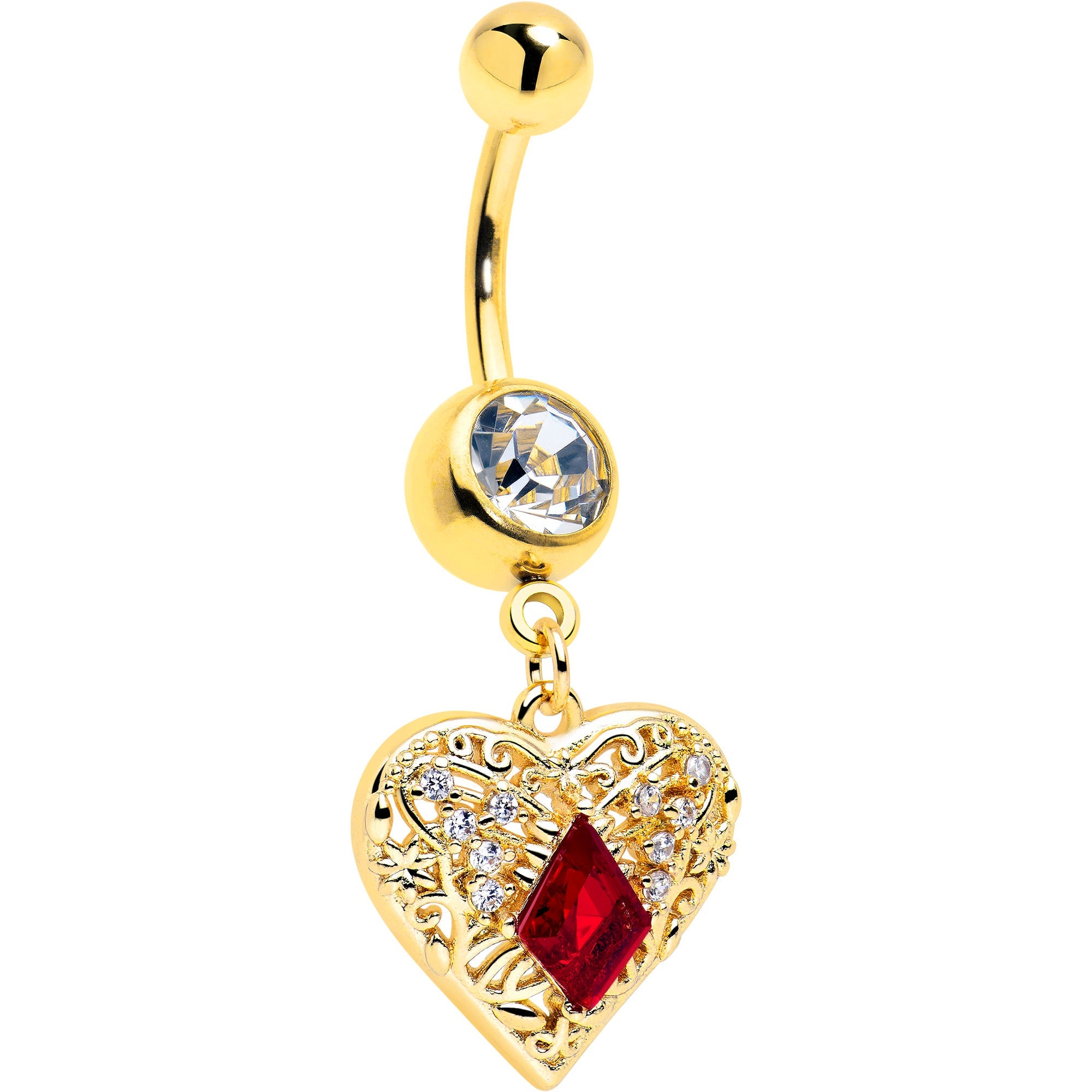 BodyCandy Red CZ Gem Gold Tone Heart Queen Dangle Belly Ring — main product shot