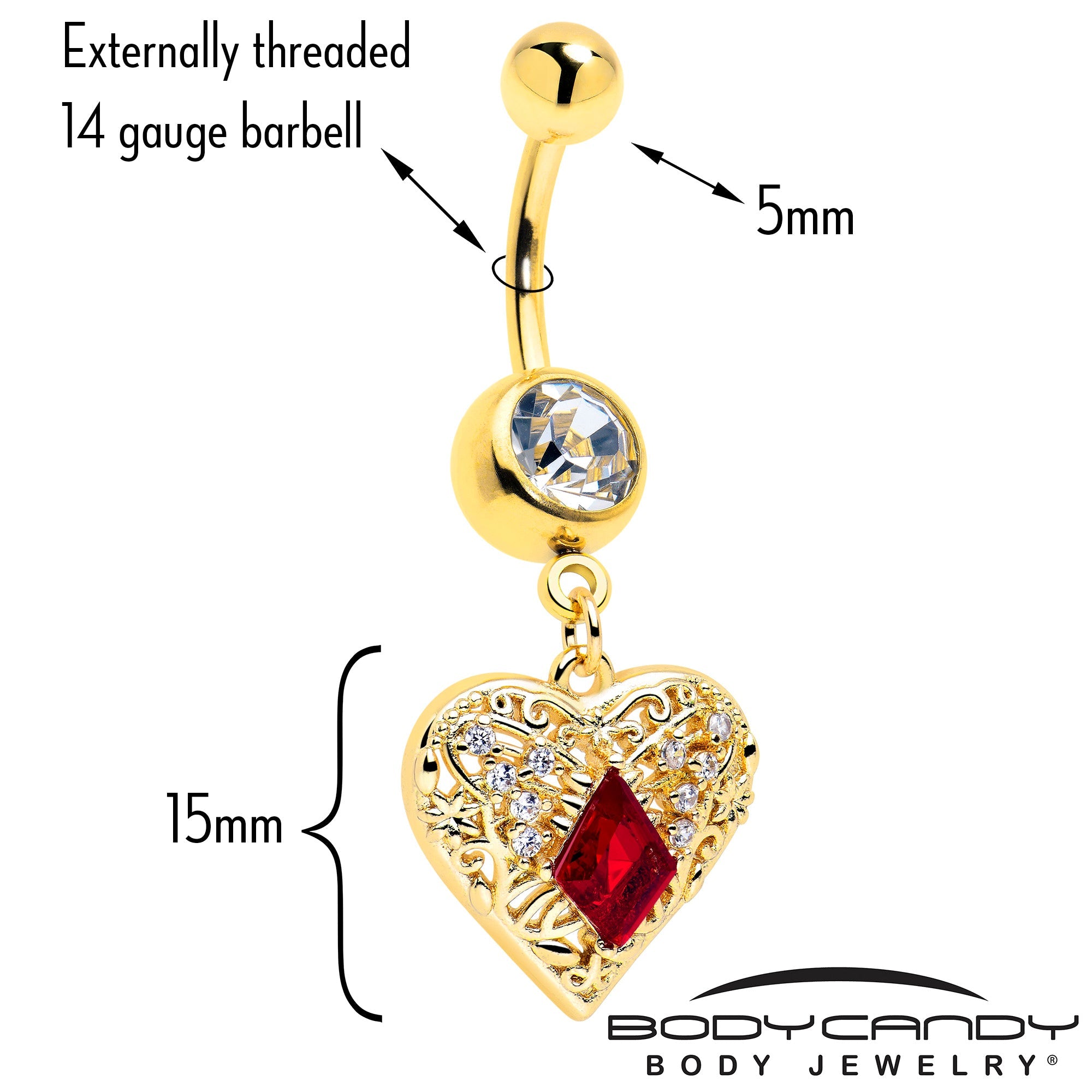 BodyCandy Red CZ Gem Gold Tone Heart Queen Dangle Belly Ring — detail close-up