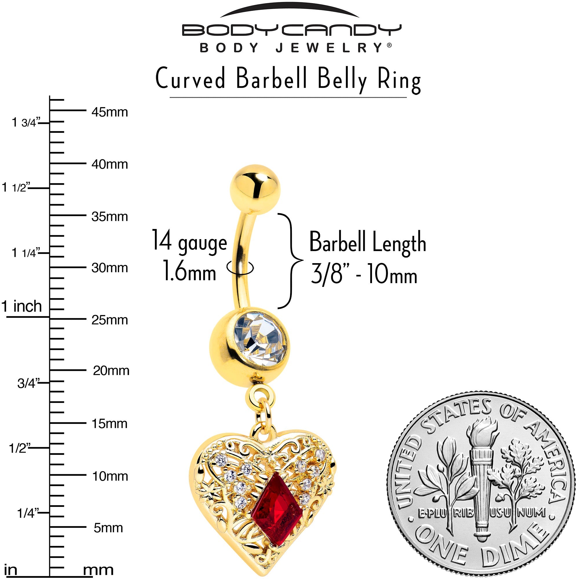 BodyCandy Red CZ Gem Gold Tone Heart Queen Dangle Belly Ring — lifestyle context