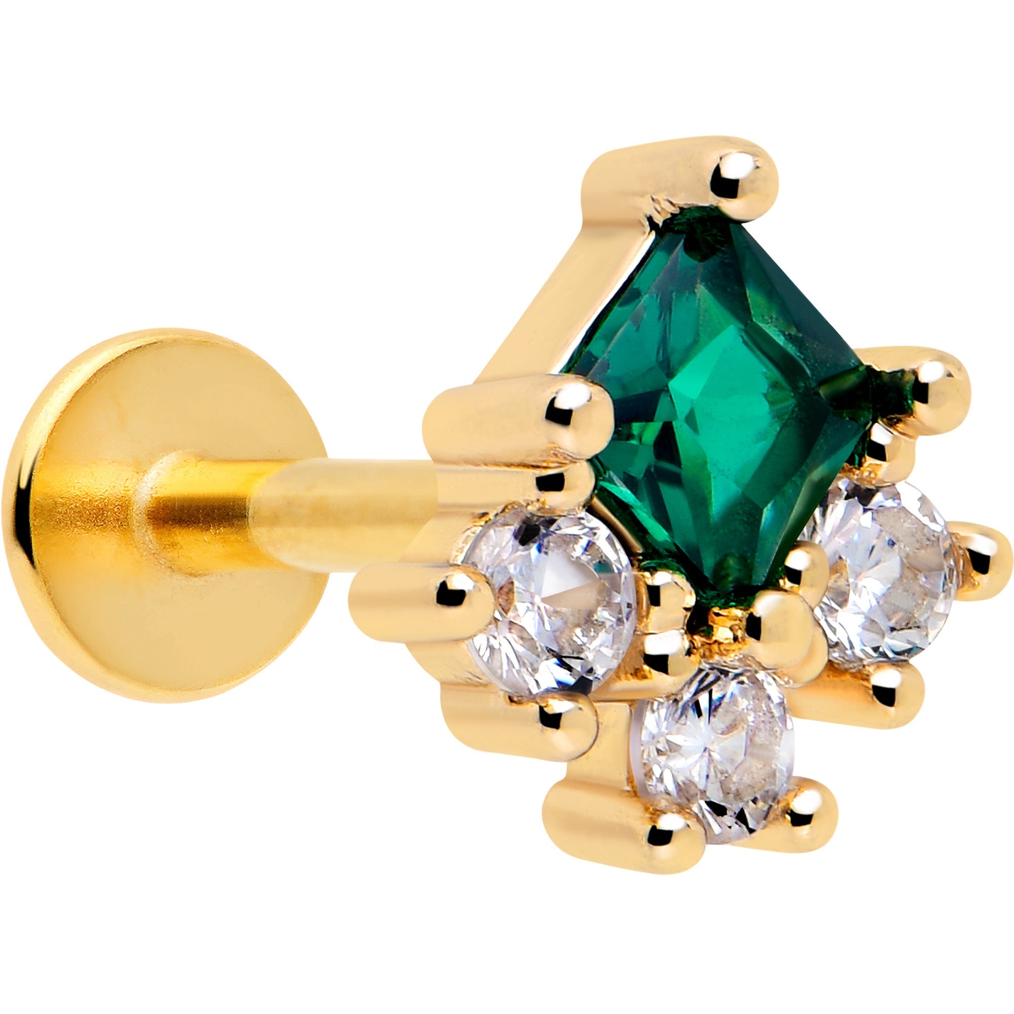 BodyCandy 16G 1/4 Green Clear CZ Gem Gold Tone Rhombus Riot Flatback Stud — main product shot