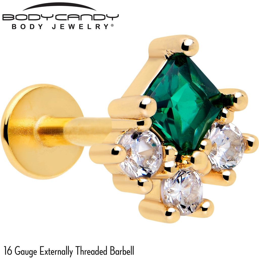 BodyCandy 16G 1/4 Green Clear CZ Gem Gold Tone Rhombus Riot Flatback Stud — detail close-up