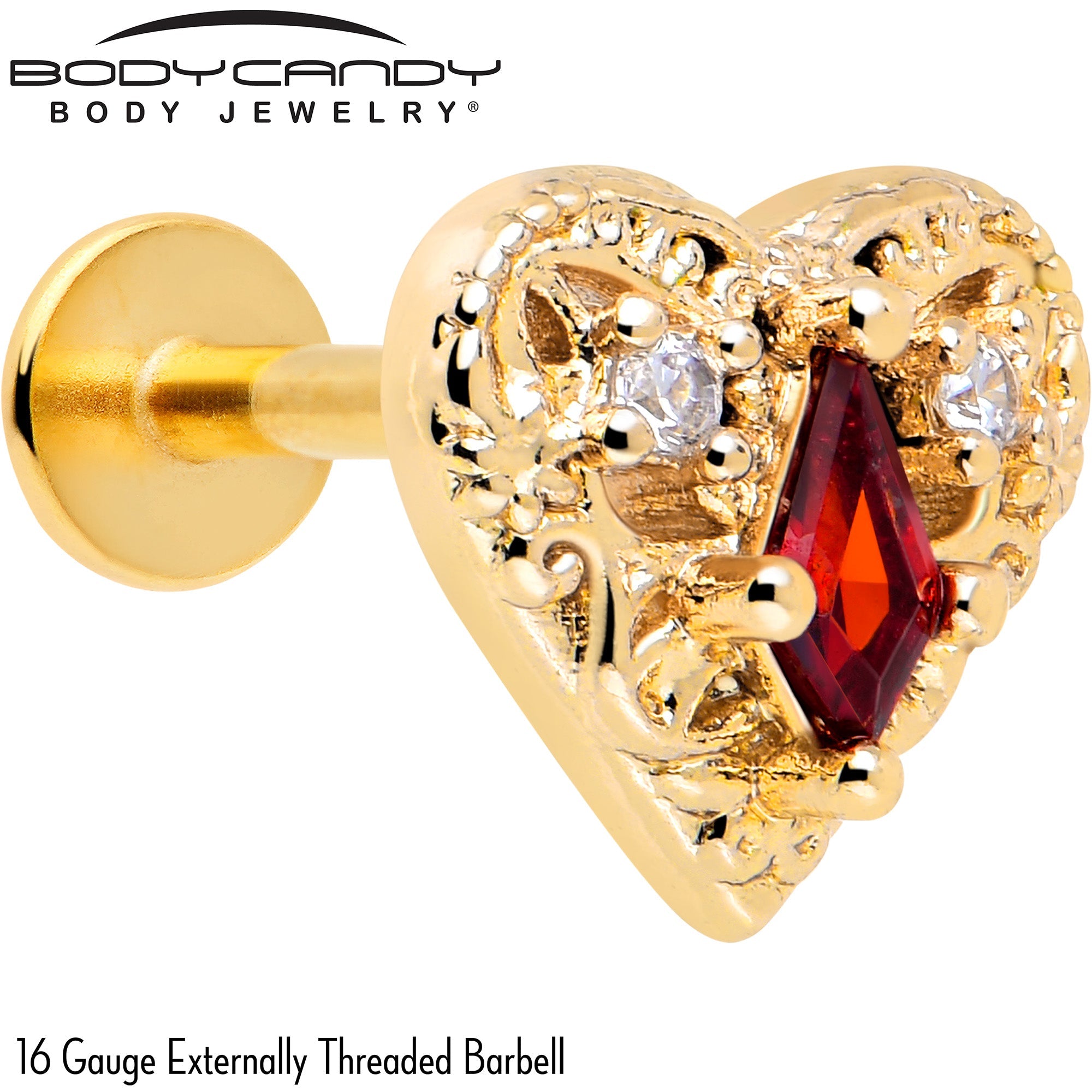 BodyCandy 16G 1/4 Red CZ Gem Gold Tone Heart Queen Flatback Stud — detail close-up