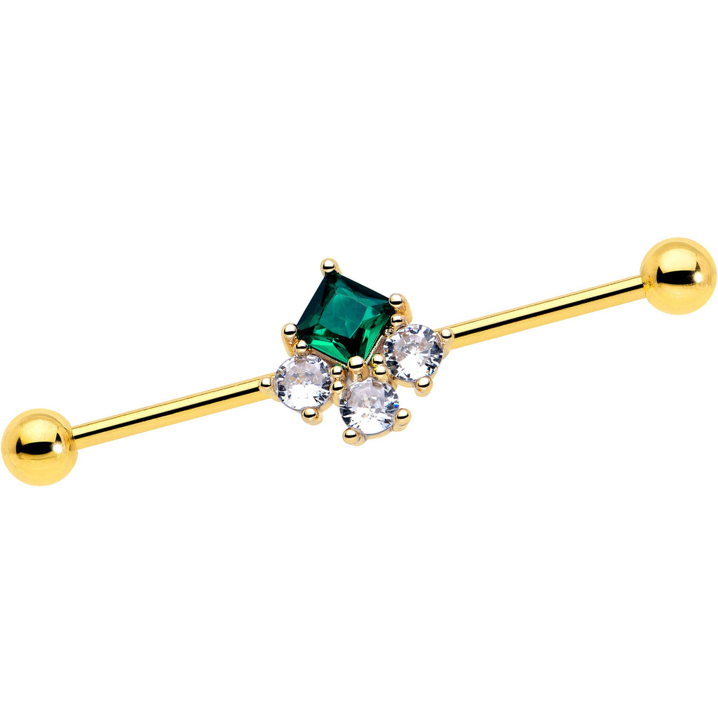 BodyCandy 14G Green CZ Gem Gold Tone Rhombus Riot Industrial Barbell 38mm — main product shot