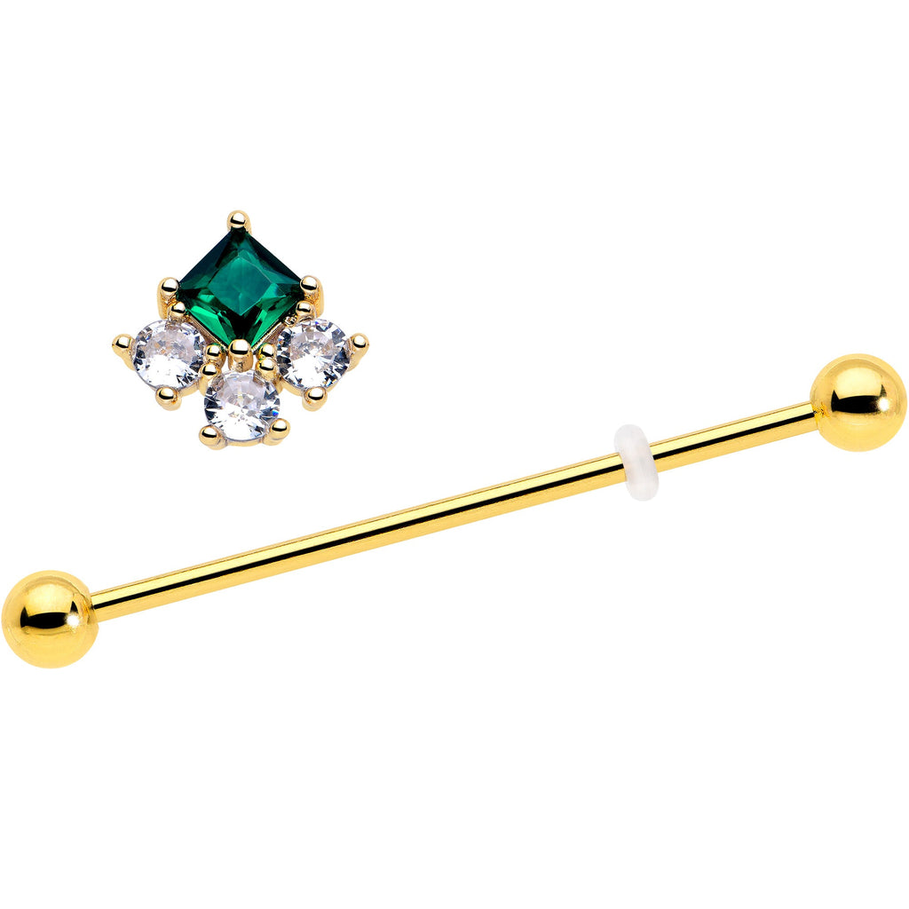 BodyCandy 14G Green CZ Gem Gold Tone Rhombus Riot Industrial Barbell 38mm — detail close-up