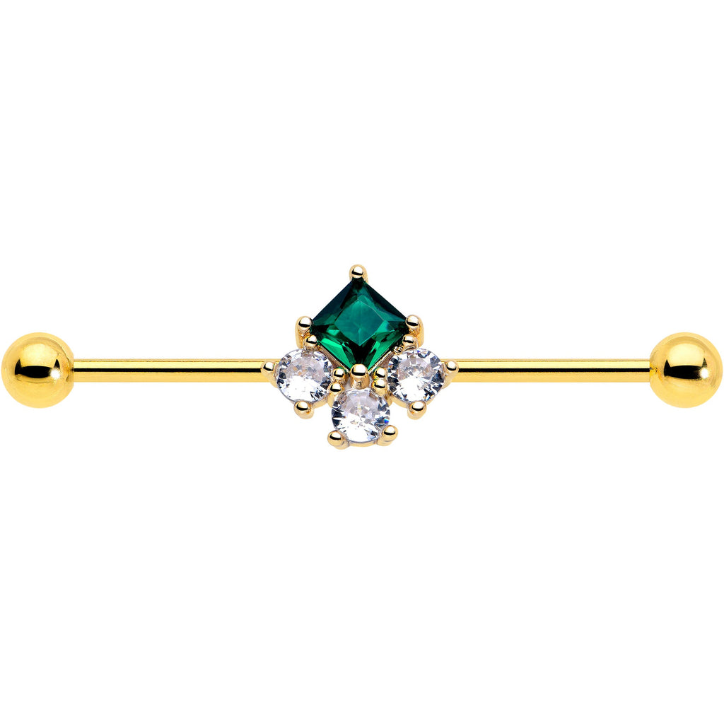 BodyCandy 14G Green CZ Gem Gold Tone Rhombus Riot Industrial Barbell 38mm — lifestyle context