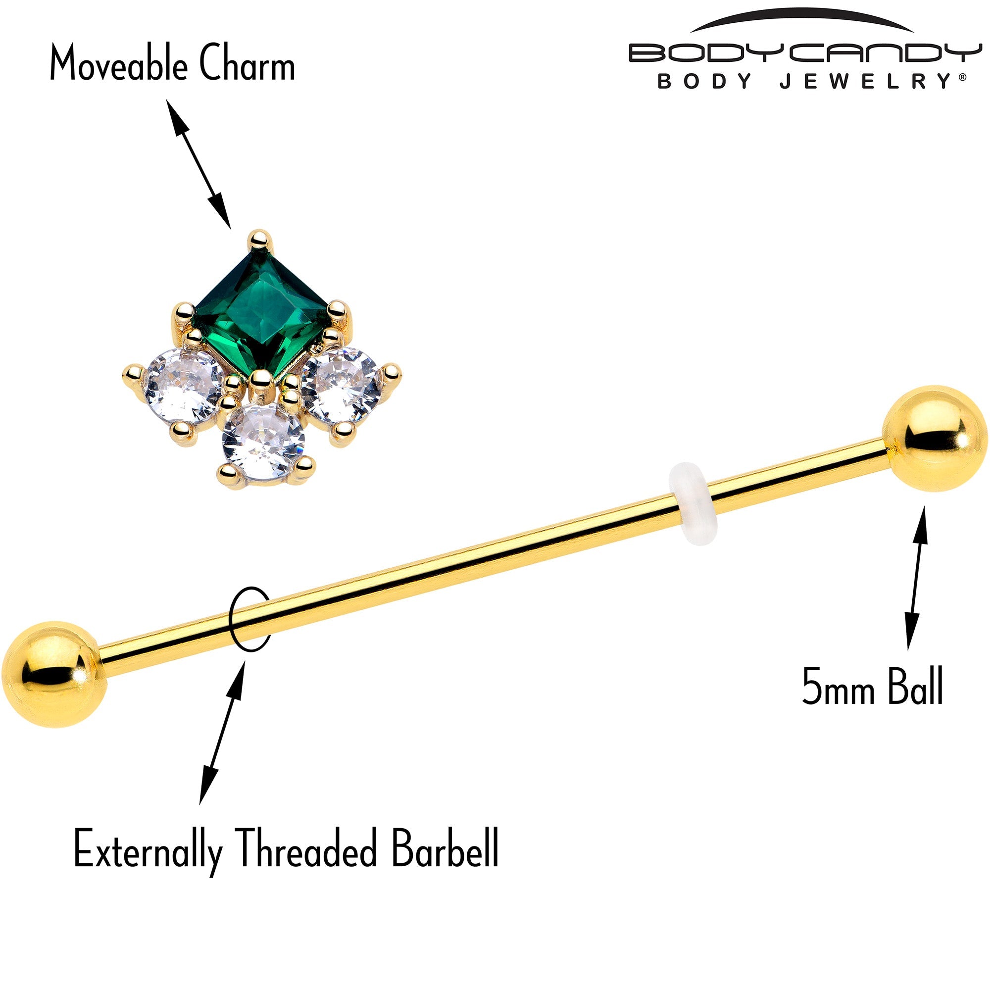 BodyCandy 14G Green CZ Gem Gold Tone Rhombus Riot Industrial Barbell 38mm — side view