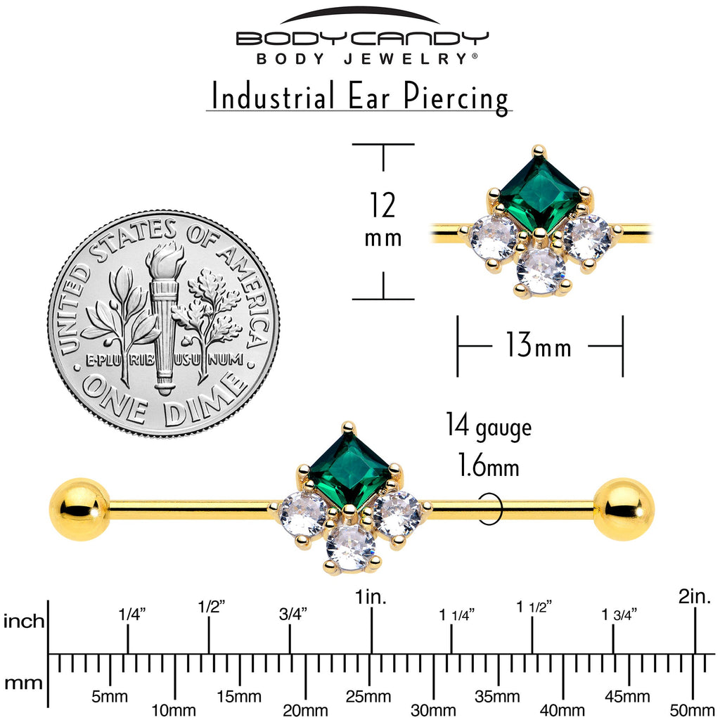 BodyCandy 14G Green CZ Gem Gold Tone Rhombus Riot Industrial Barbell 38mm — back view