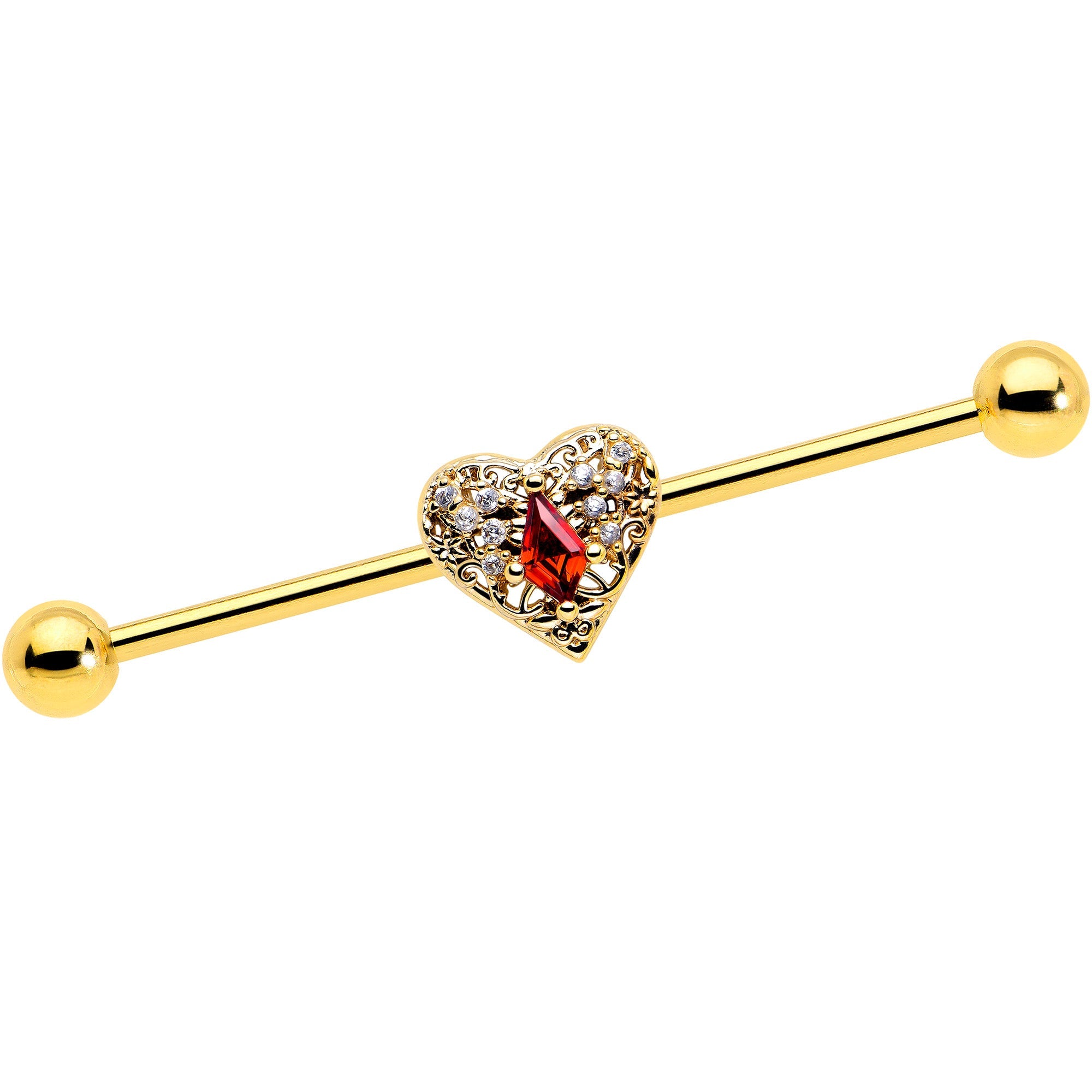 BodyCandy 14G Red CZ Gem Gold Tone Heart Queen Industrial Barbell 38mm — main product shot