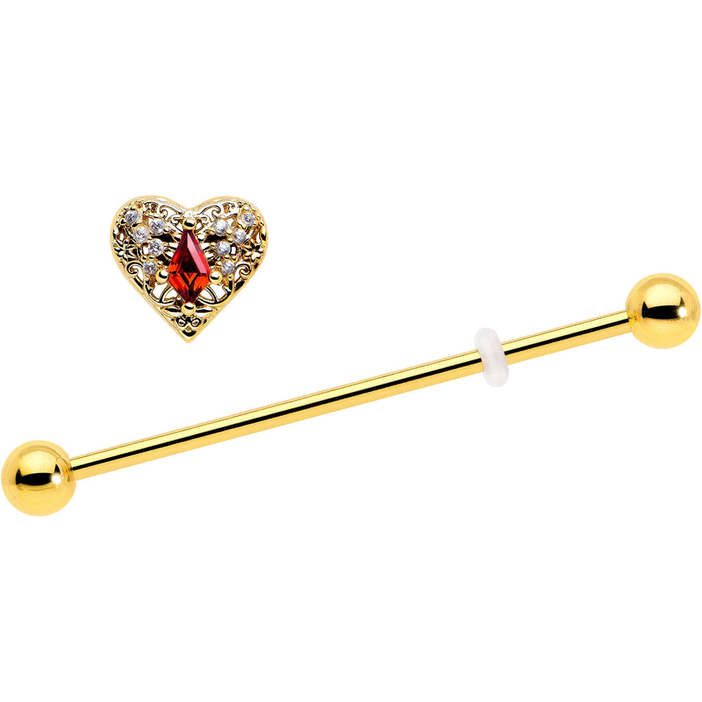 BodyCandy 14G Red CZ Gem Gold Tone Heart Queen Industrial Barbell 38mm — detail close-up