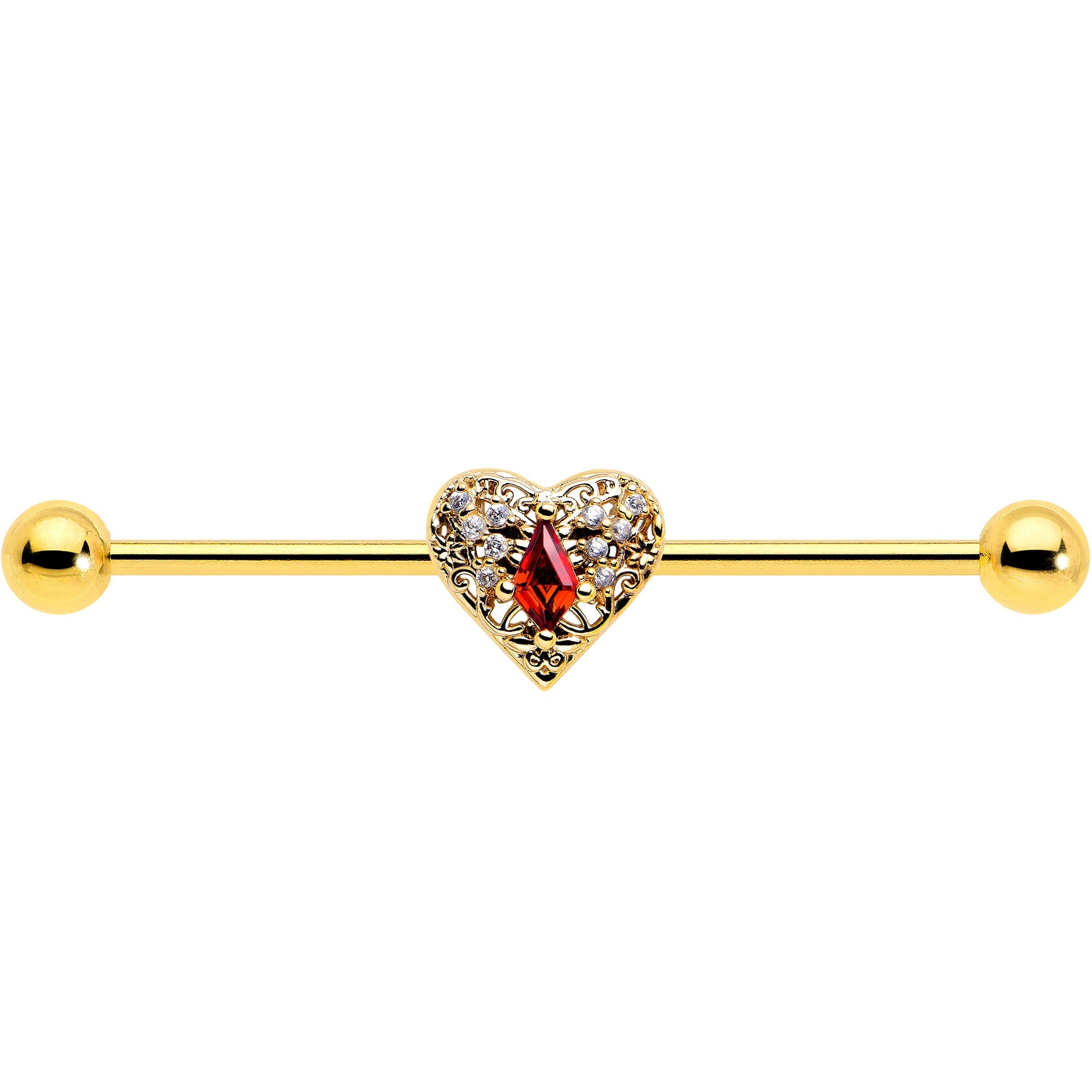 BodyCandy 14G Red CZ Gem Gold Tone Heart Queen Industrial Barbell 38mm — lifestyle context